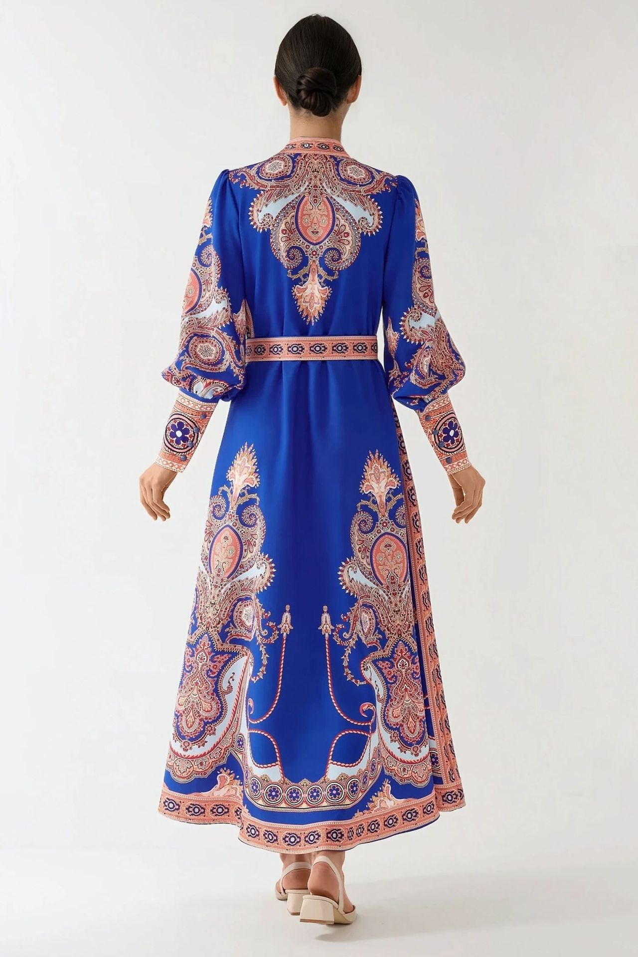 Printed Long Sleeve Maxi Dress with Belt