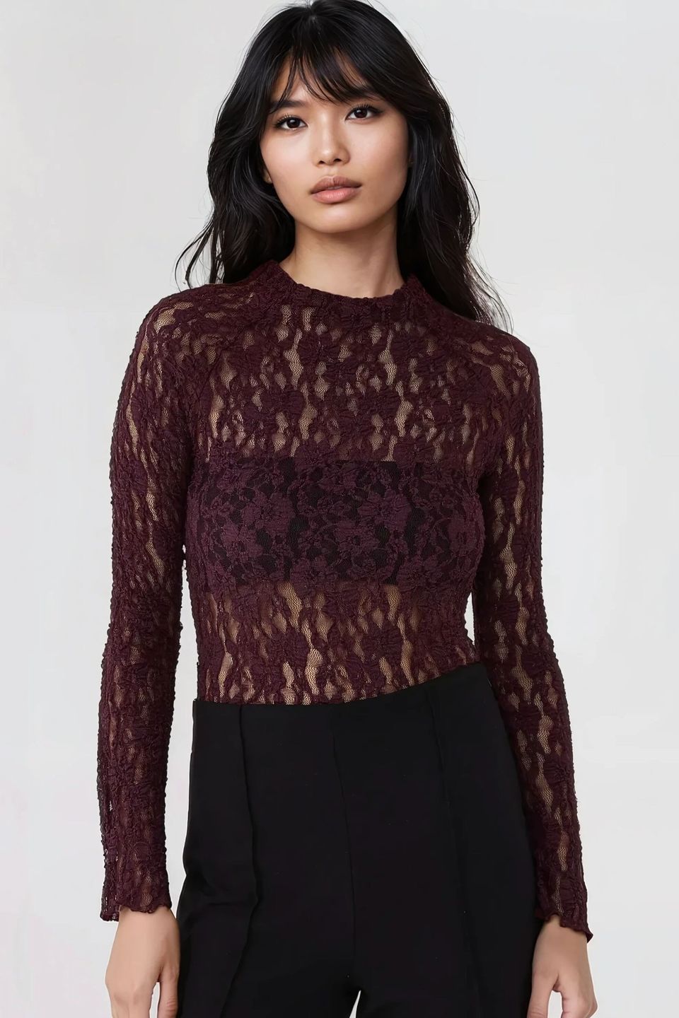Lace Guipure Slim Fit Crew Neck Blouse