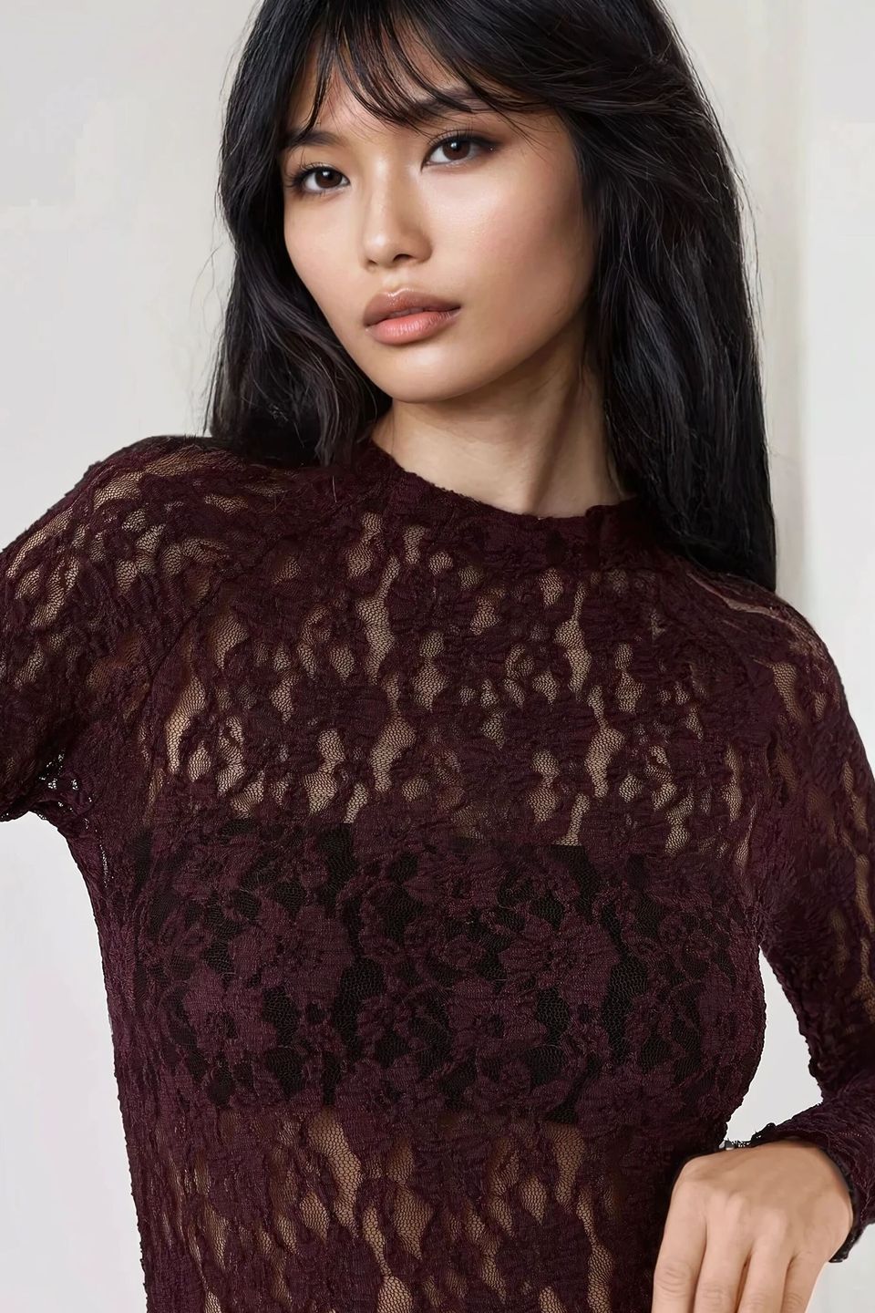 Lace Guipure Slim Fit Crew Neck Blouse