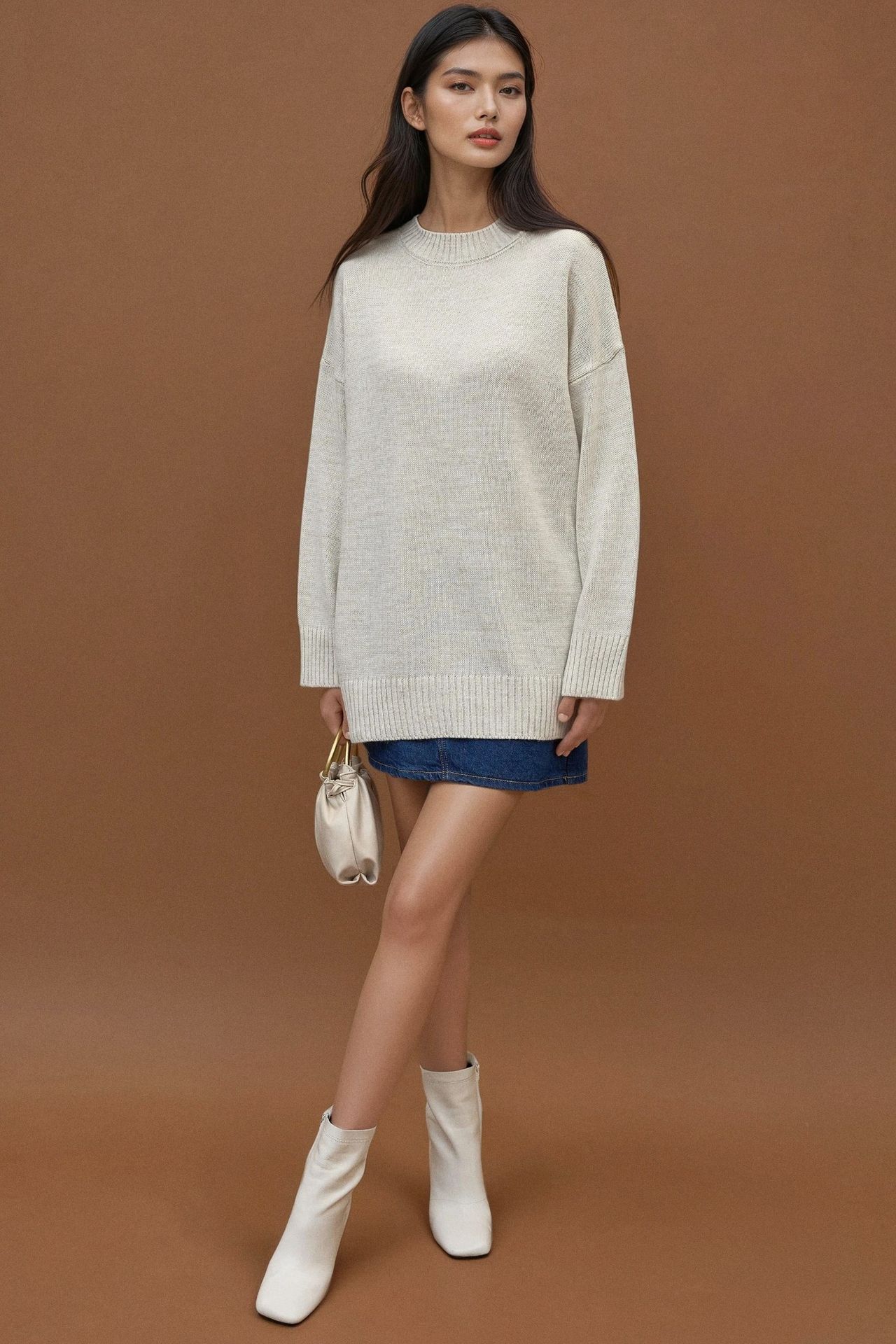 Thick Knit Crew Neck Long Sweater 1