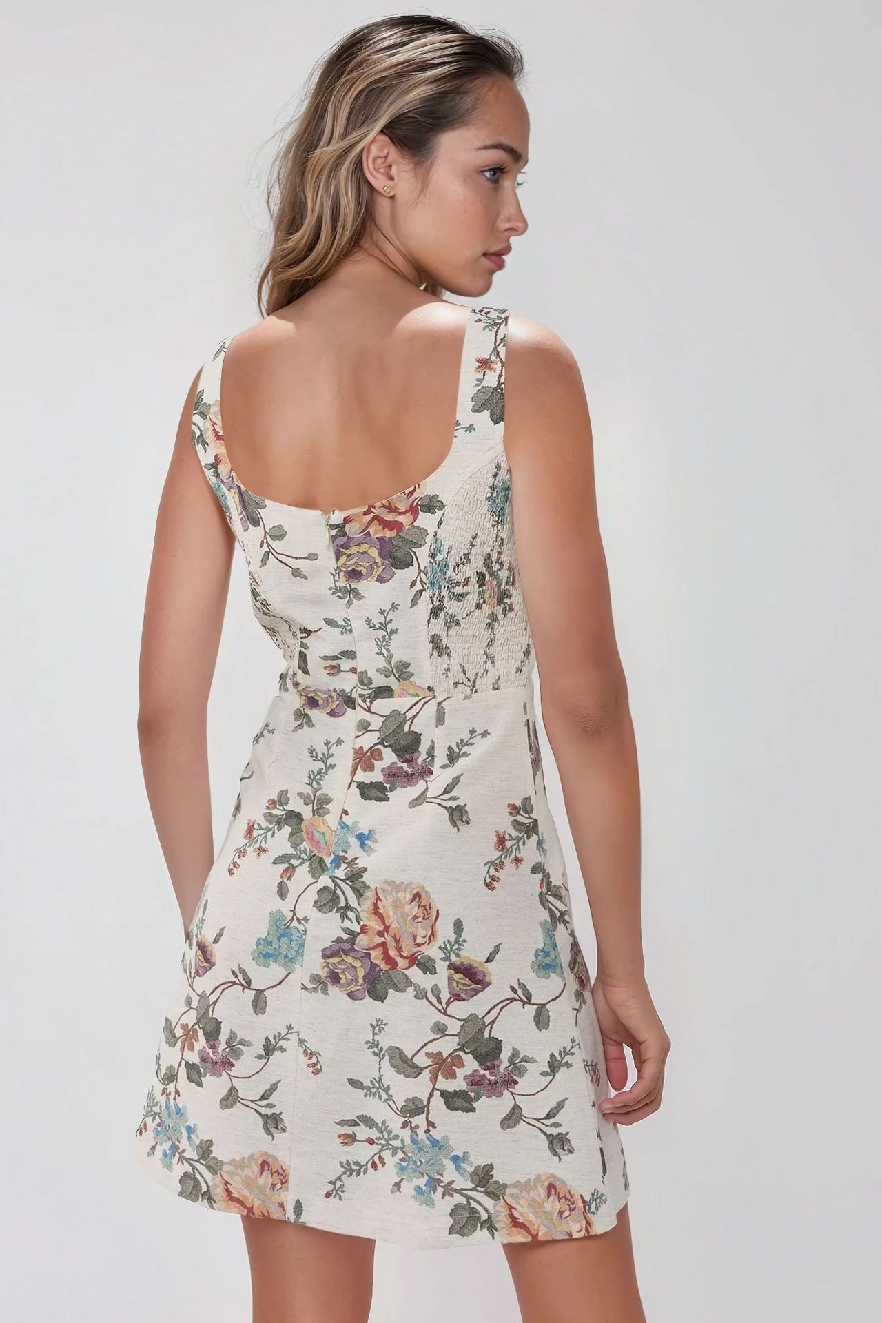 Square Neck Flower Pattern Linen Feel Mini Dress