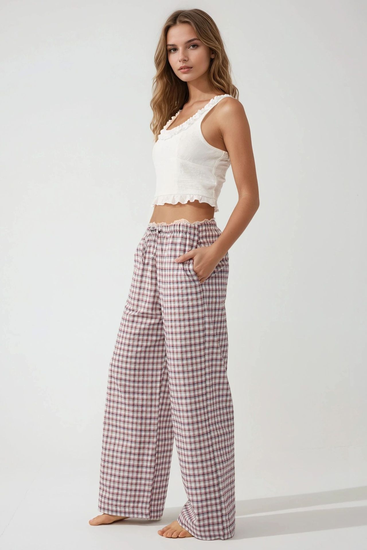 Plaid Long Lounge Bottoms with Back Heart Detail