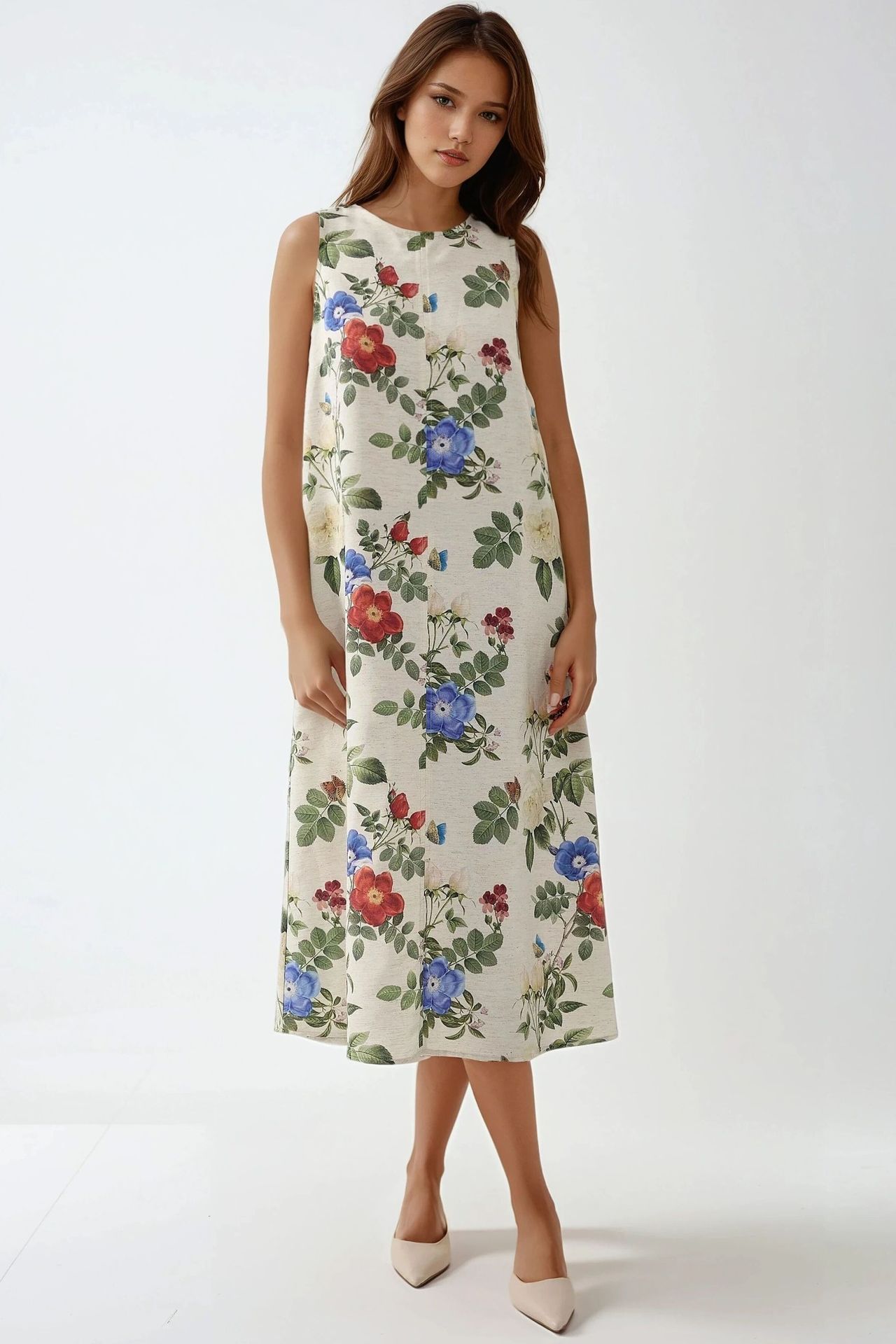 Linen Feel Sleeveless Crew Neck Midi Dress