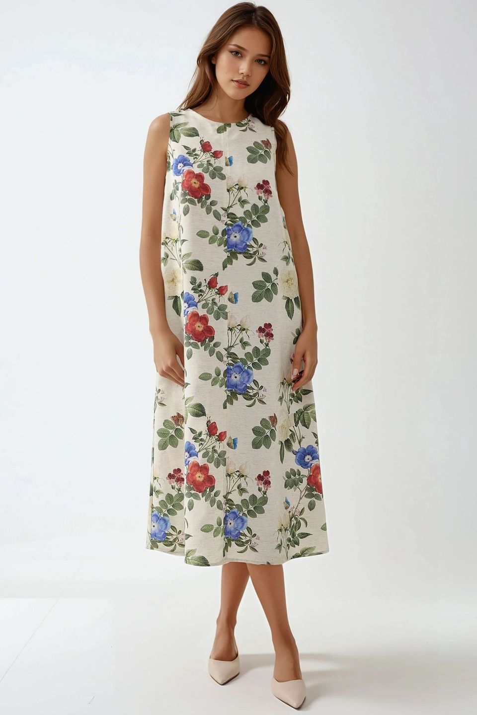 Linen Feel Sleeveless Crew Neck Midi Dress