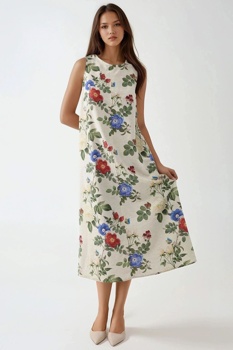 Linen Feel Sleeveless Crew Neck Midi Dress