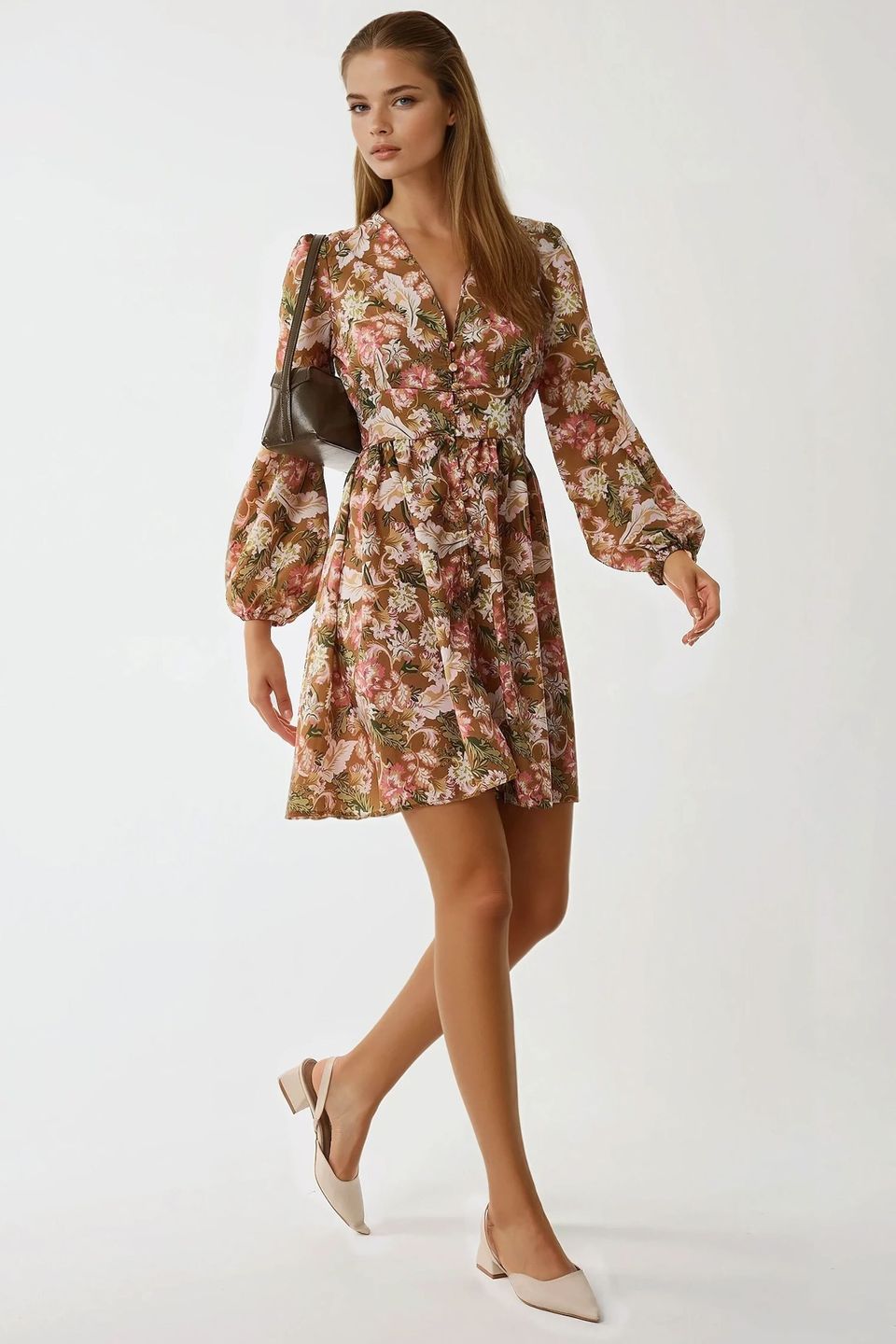 V-Neck Mini Dress with Floral Print