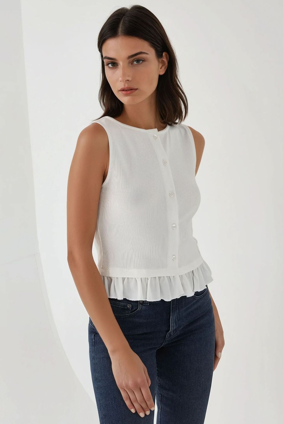 Textured Crew Neck Blouse with Ruffle Detail