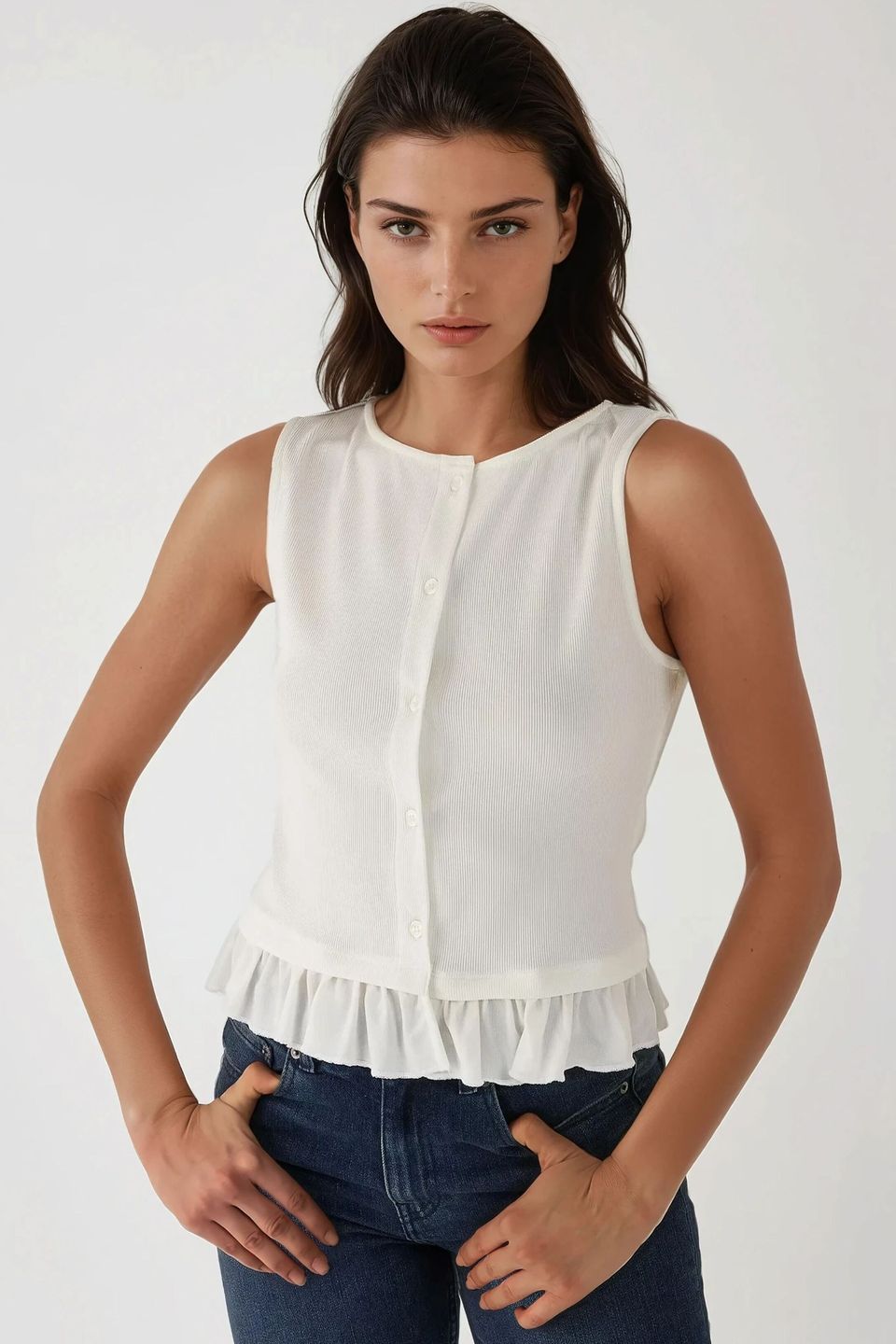 Textured Crew Neck Blouse with Ruffle Detail