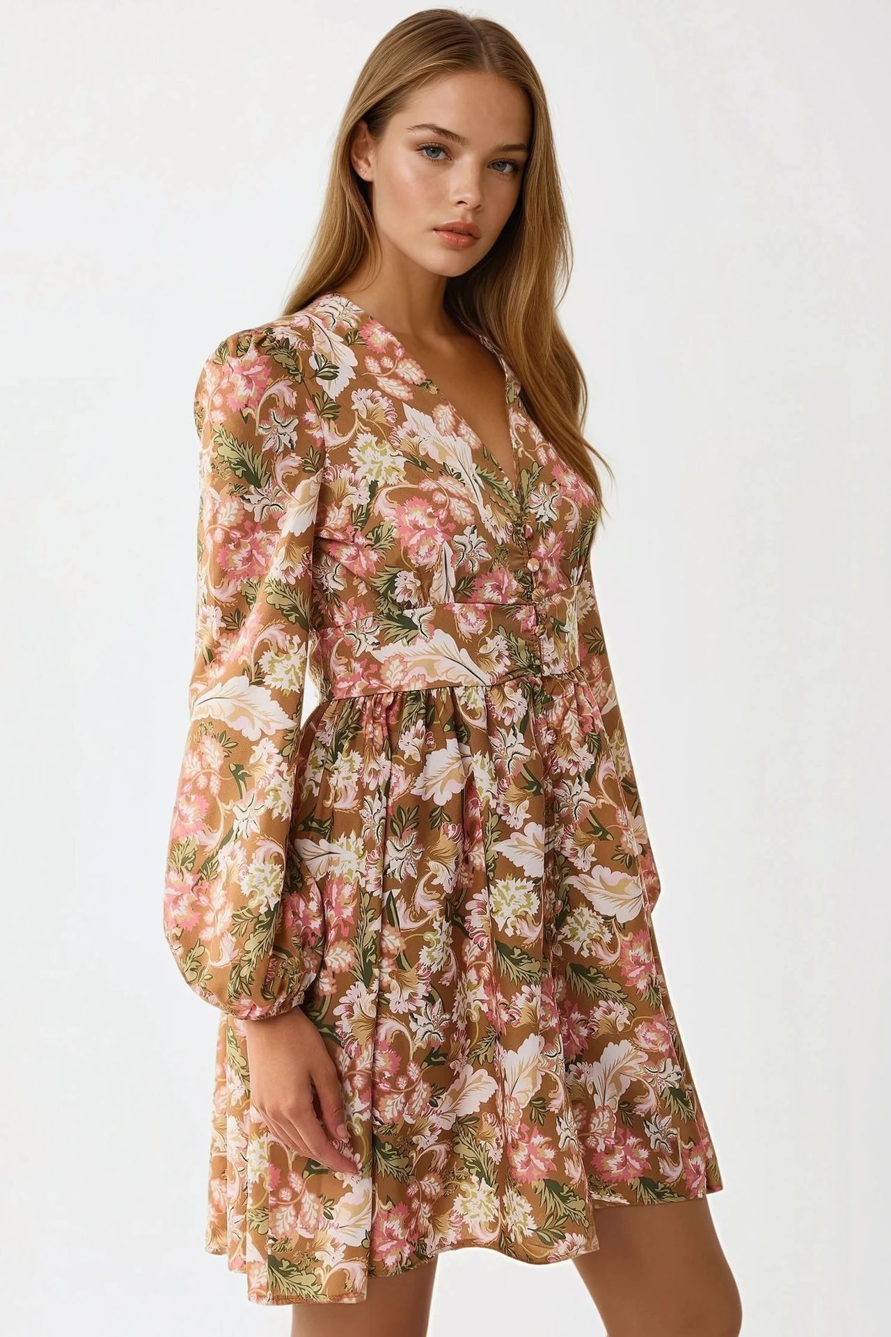 V-Neck Mini Dress with Floral Print