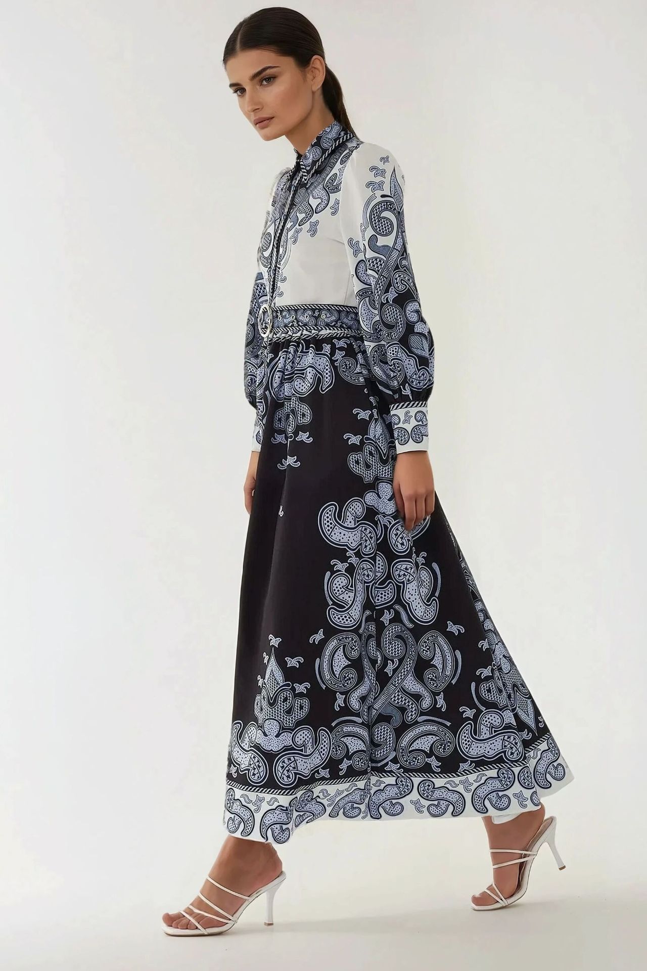 Printed Long Sleeve Maxi Dress with Belt