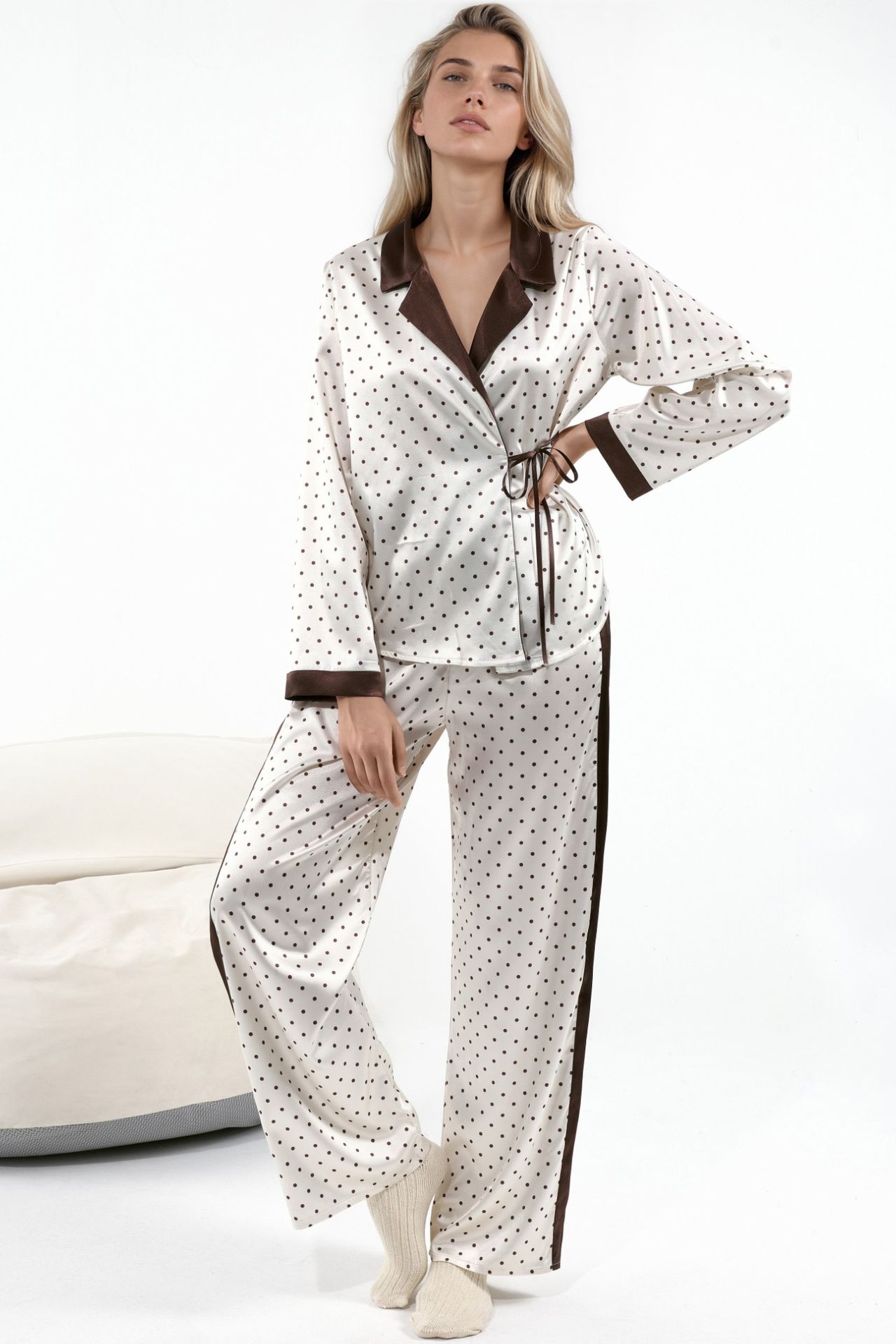 Polka Dot Satin Woven Pajama Set 1