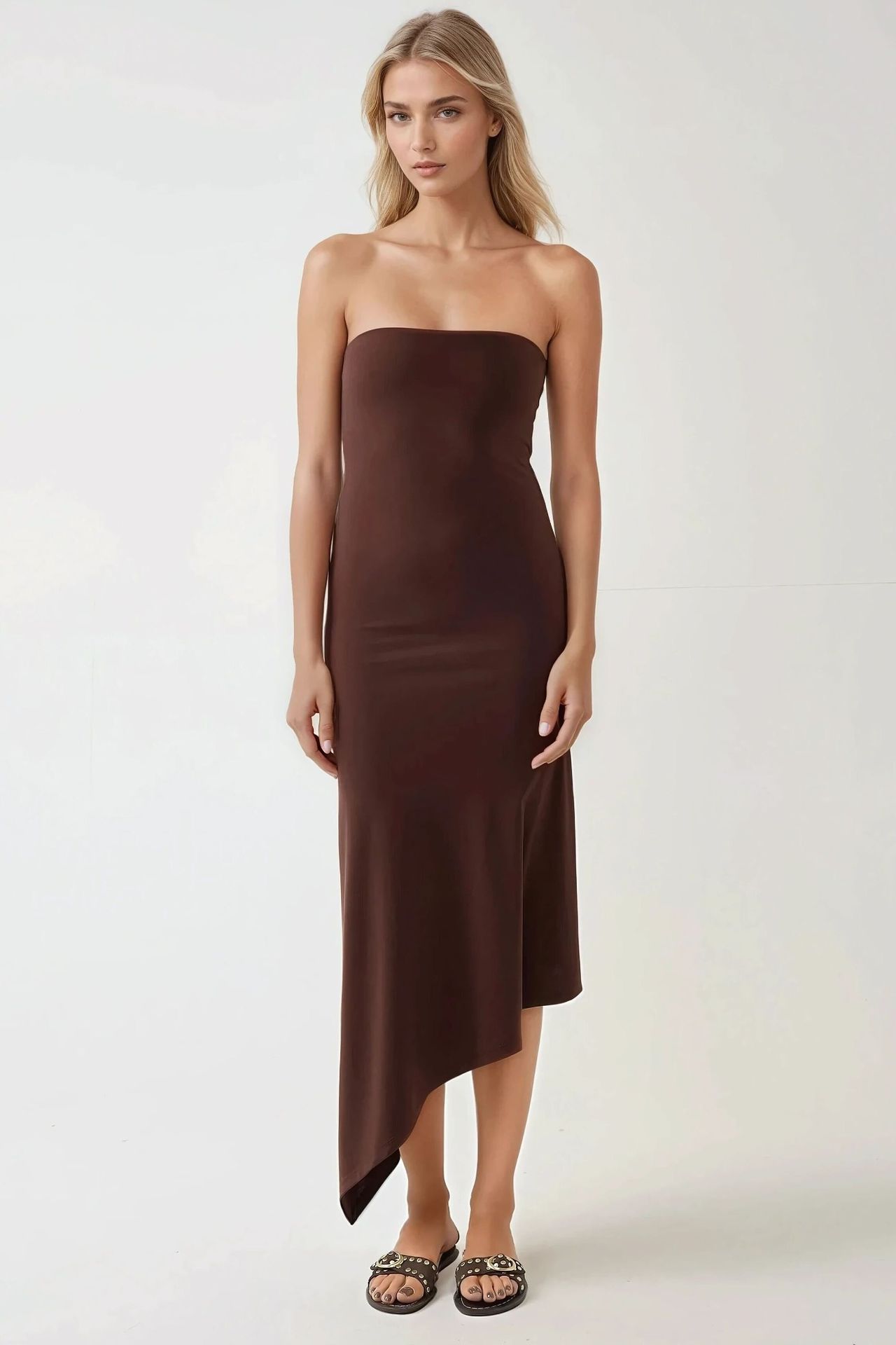 Strapless Bodycon Maxi Dress with Asymmetric Hem