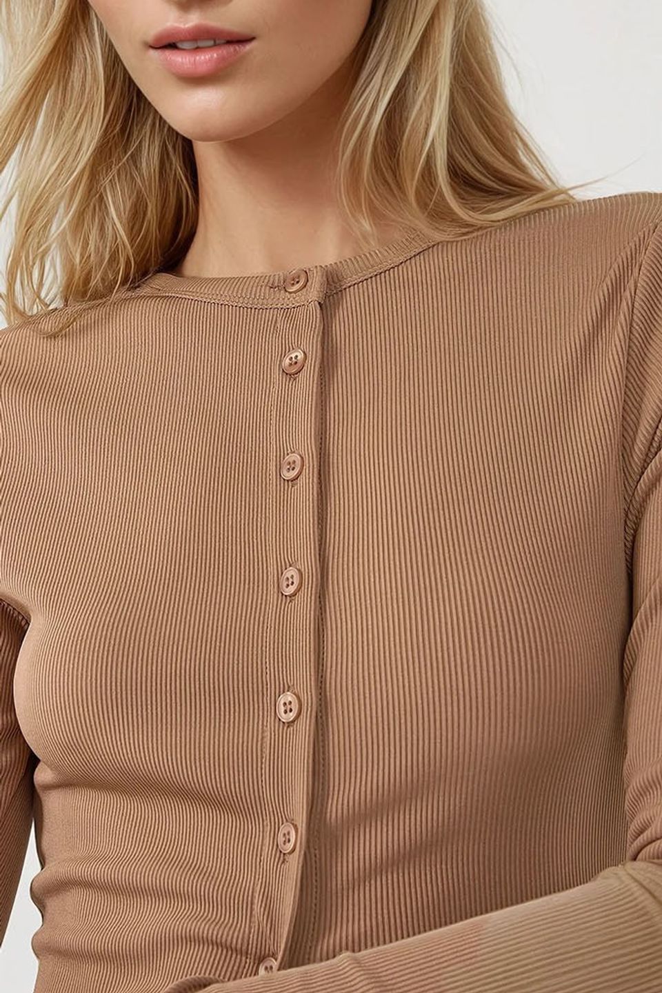 Textured Knit Slim Fit Long Sleeve Blouse with Buttons