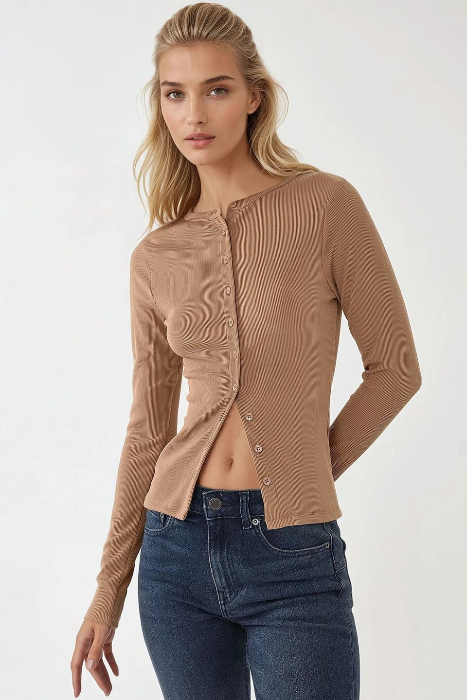 Textured Knit Slim Fit Long Sleeve Blouse with Buttons