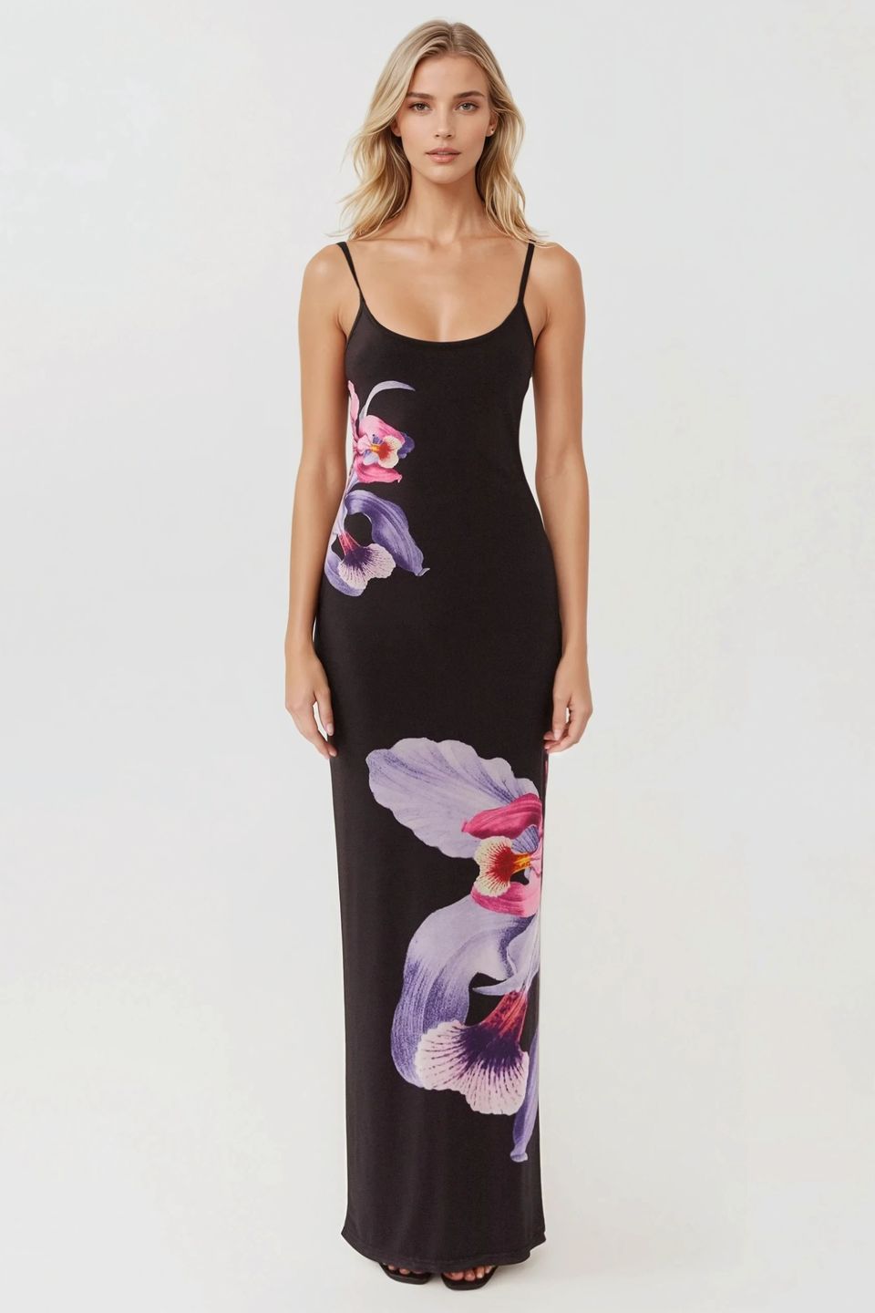 Floral Bodycon Maxi Dress with Square Collar