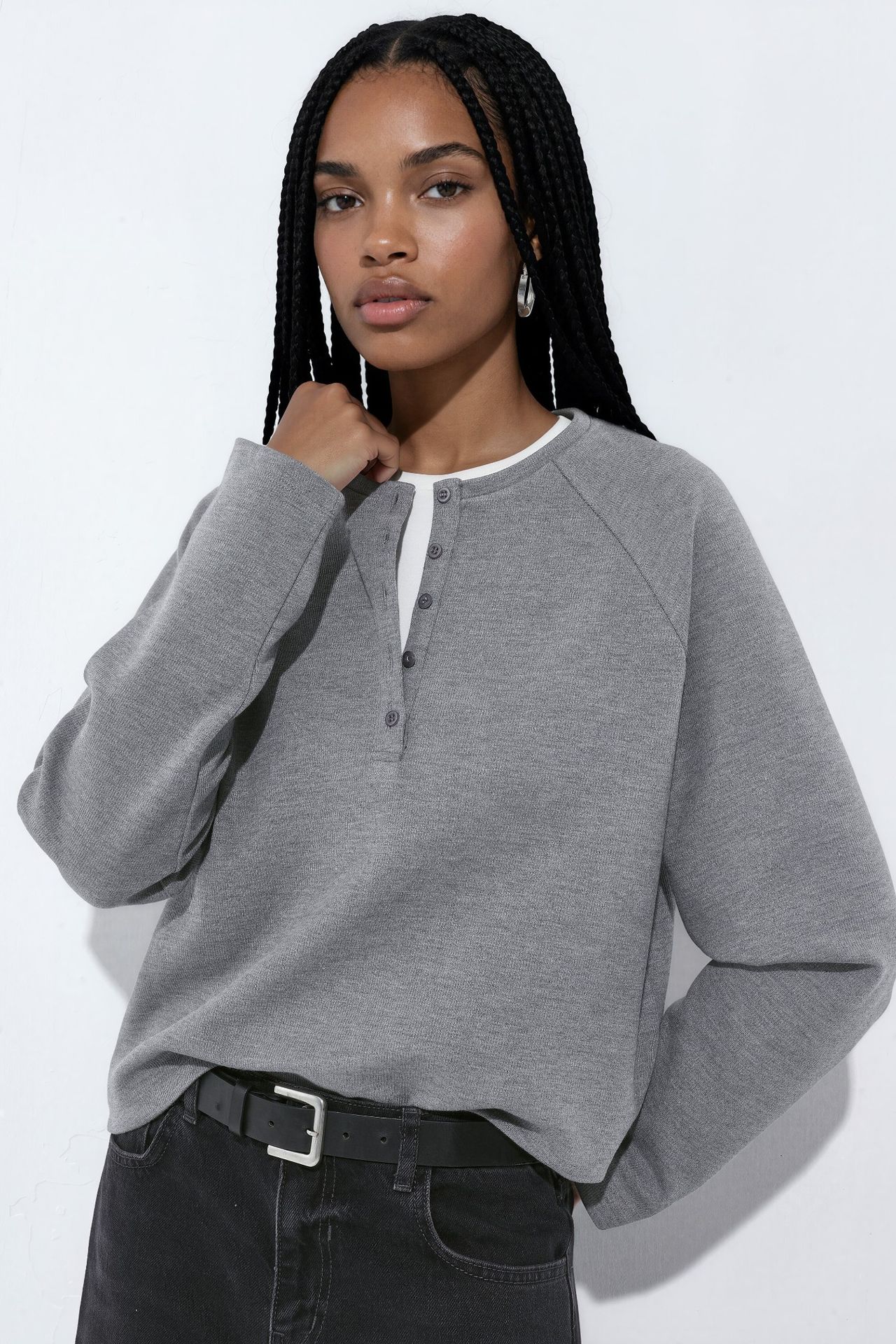 Crew Neck Button Sweatshirt 1