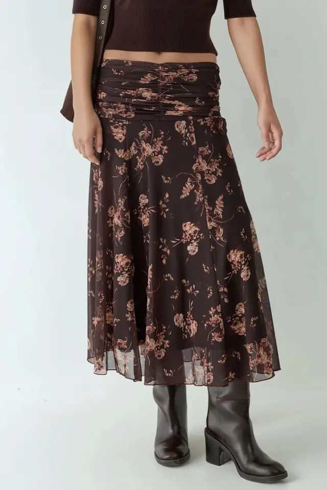 Patterned Midi Wrap Skirt with Ruffle Detail