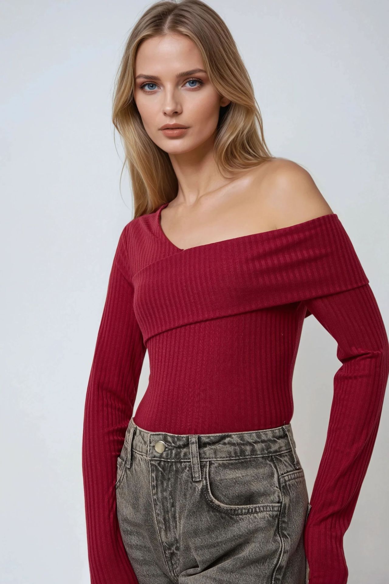 Asymmetrical Neck Textured Knit Top