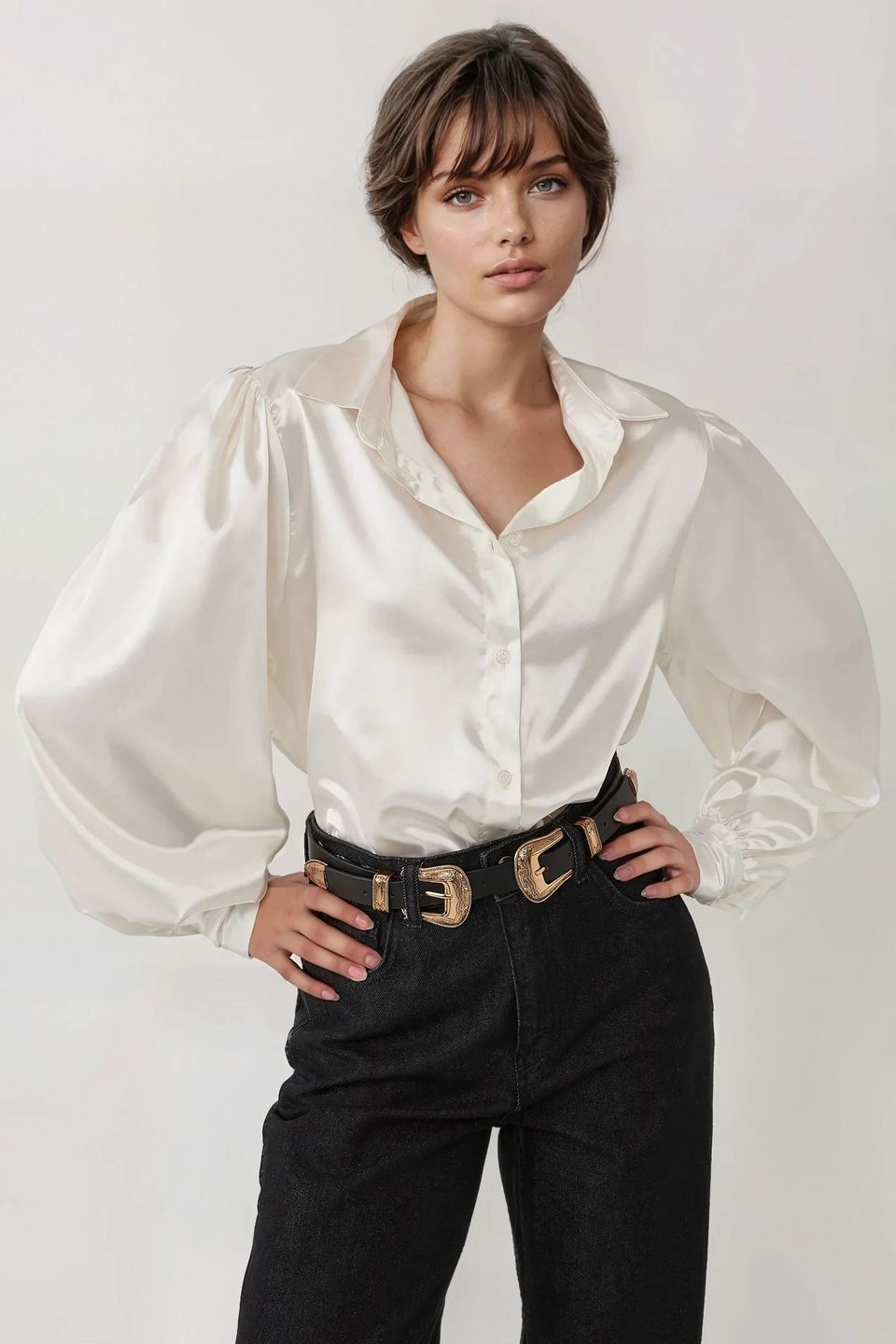 Satin Weave Long Baloon Sleeve Shirt