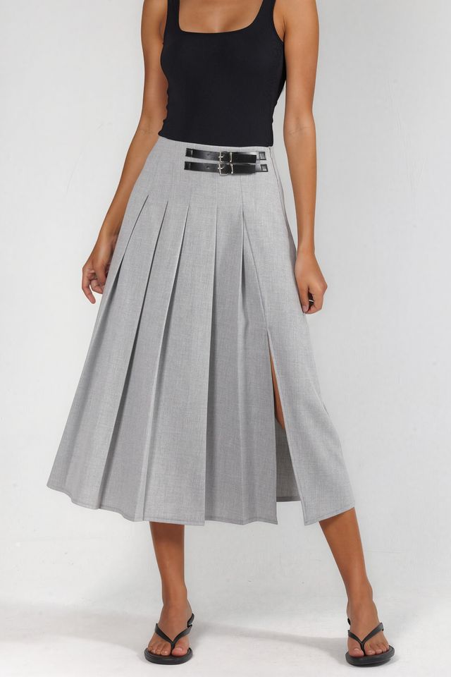  High Waist A-Line Midi Skirt with Belt Detail