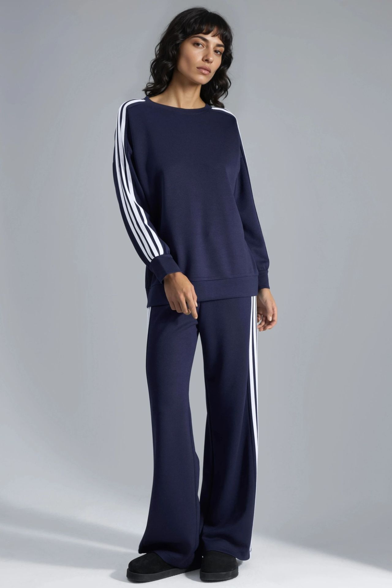Striped Crew Neck Sweatshirt & Straight Leg Pants Coord