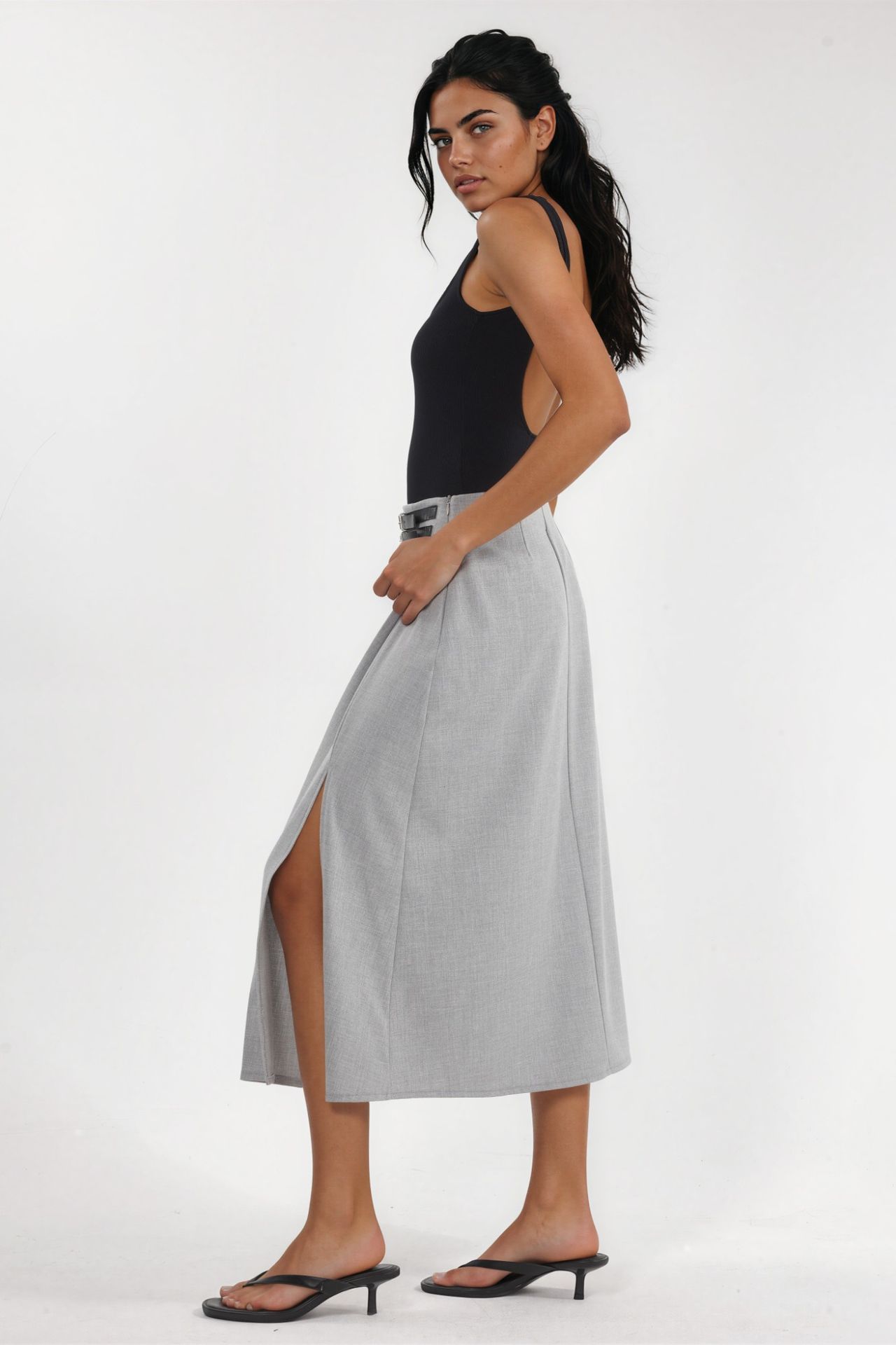  High Waist A-Line Midi Skirt with Belt Detail 4