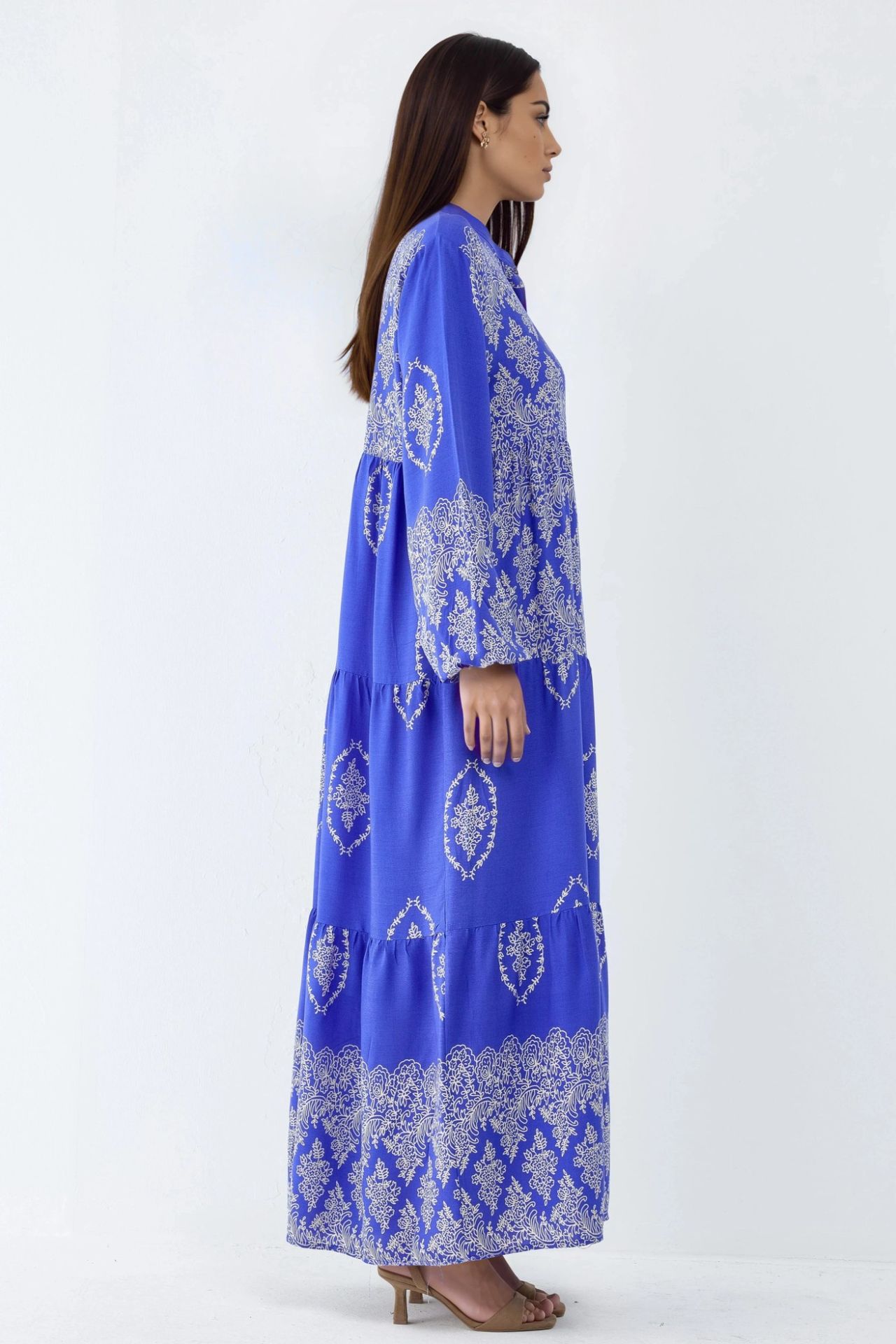 V-Neck Patterned Maxi Dress with Button Closure 5