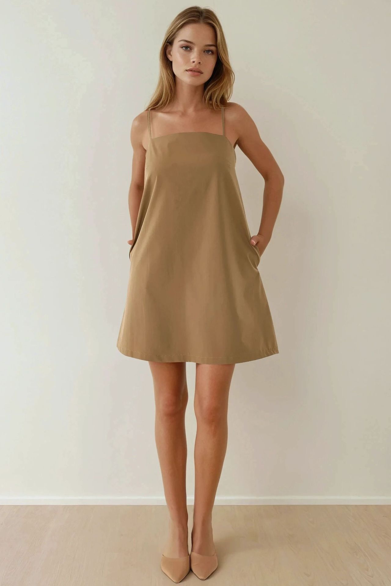 Square Collar Relax Mini Dress with Pockets