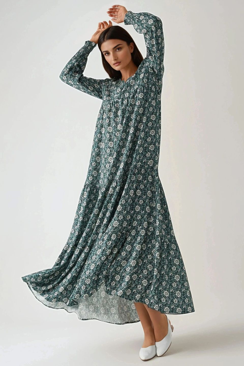 Printed Crew Neck Viscose Maxi Dress