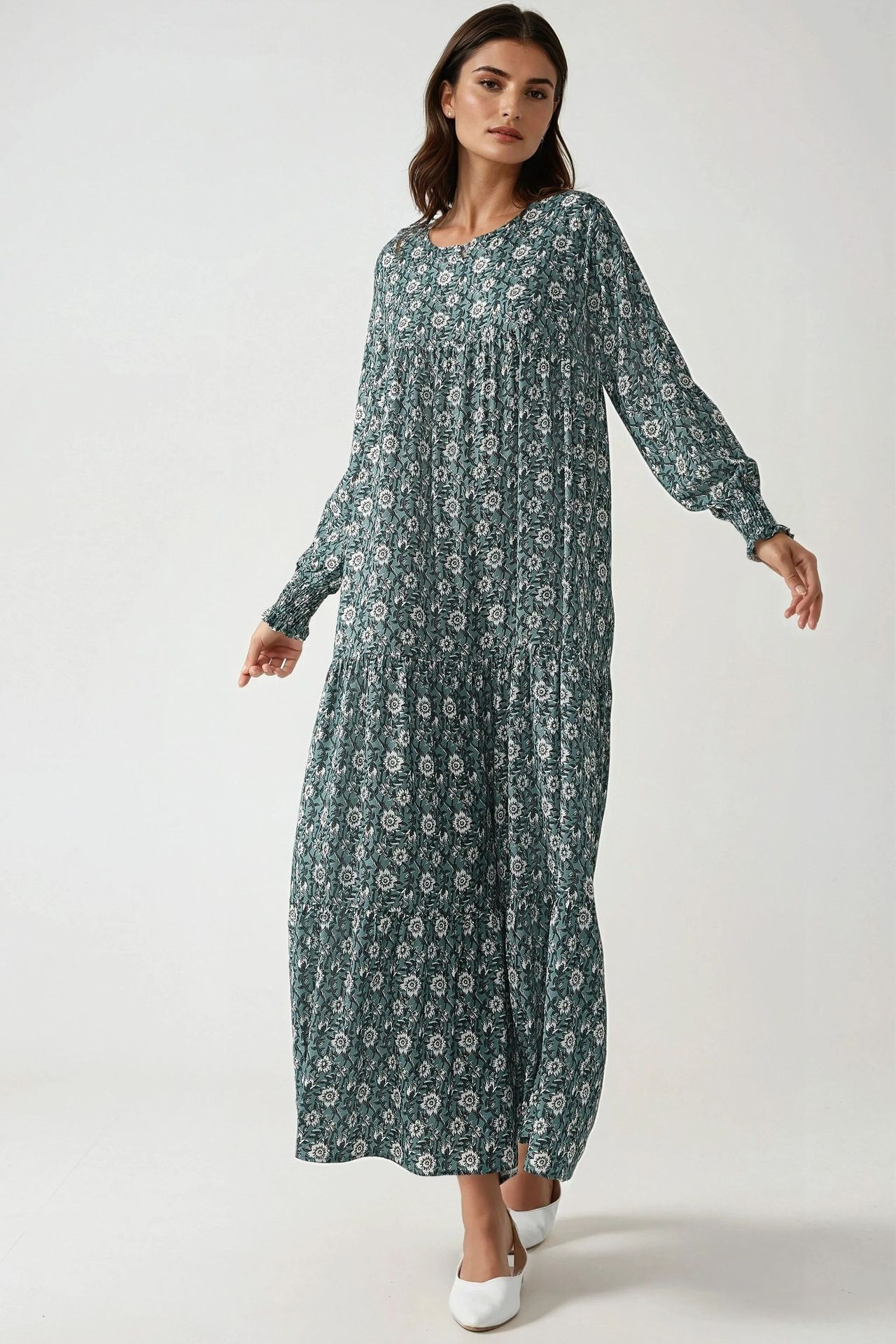 Printed Crew Neck Viscose Maxi Dress