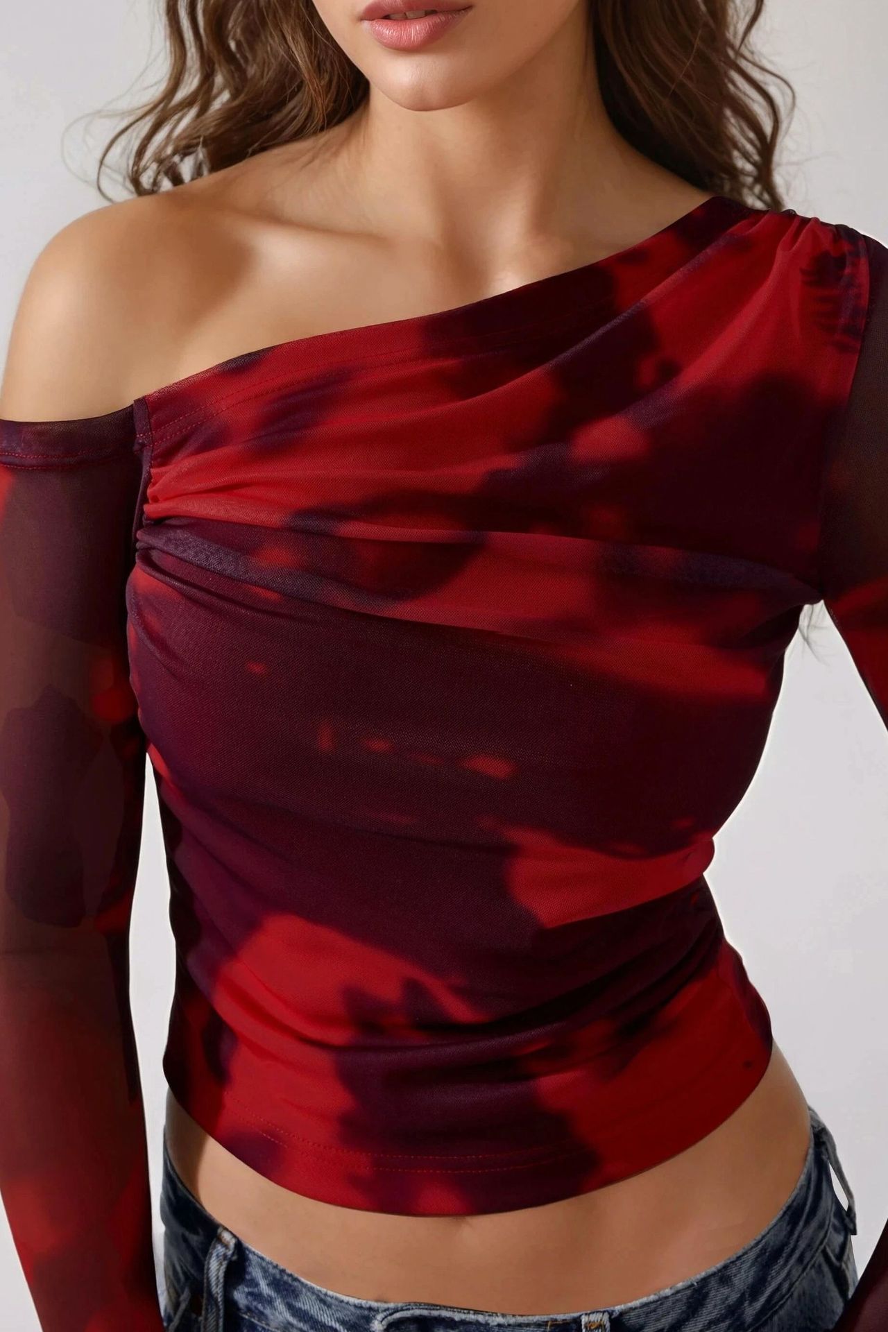 Asymmetrical Collar Tulle Blouse 2