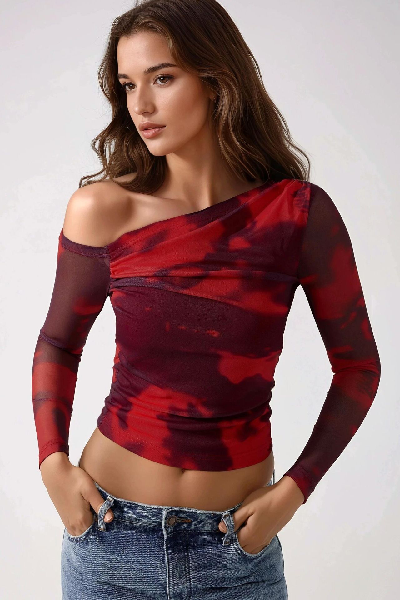 Asymmetrical Collar Tulle Blouse 1