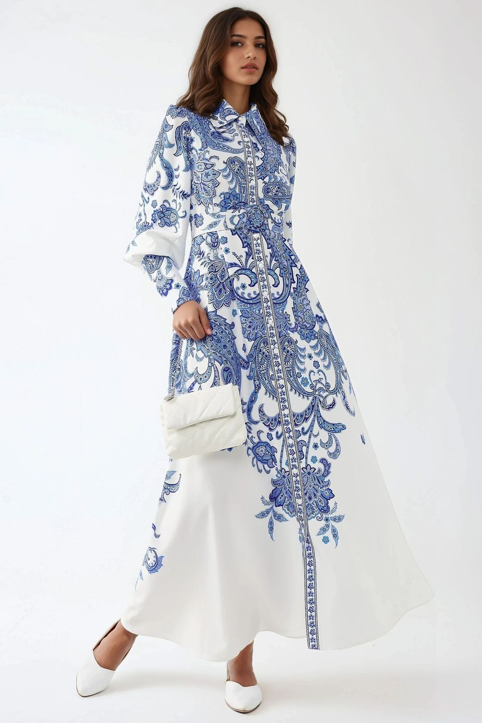 Printed Maxi Dress with Shirt Collar and Button Detail