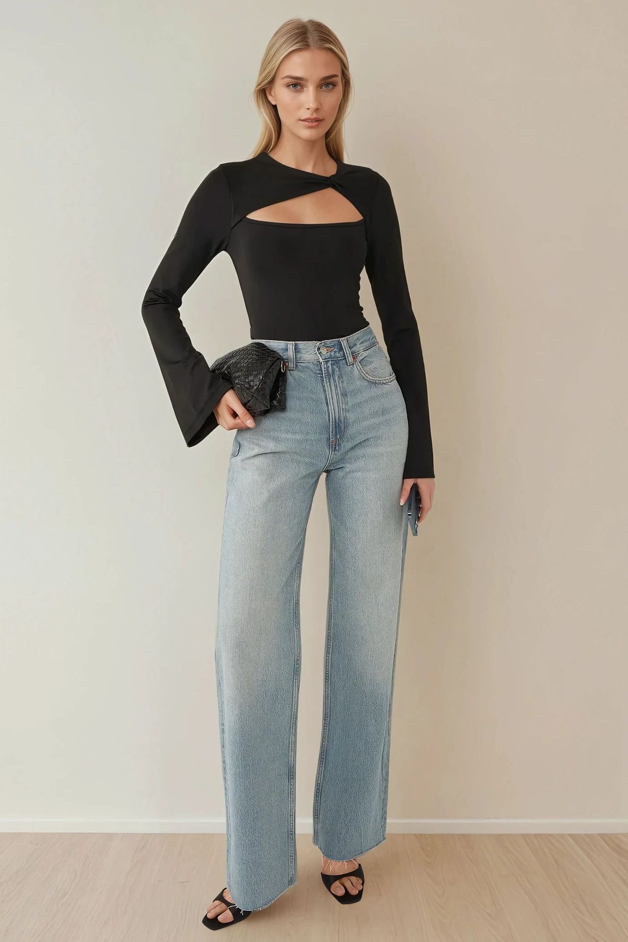 Asymmetrical Neck Cut Out Detail Long Sleeve Top