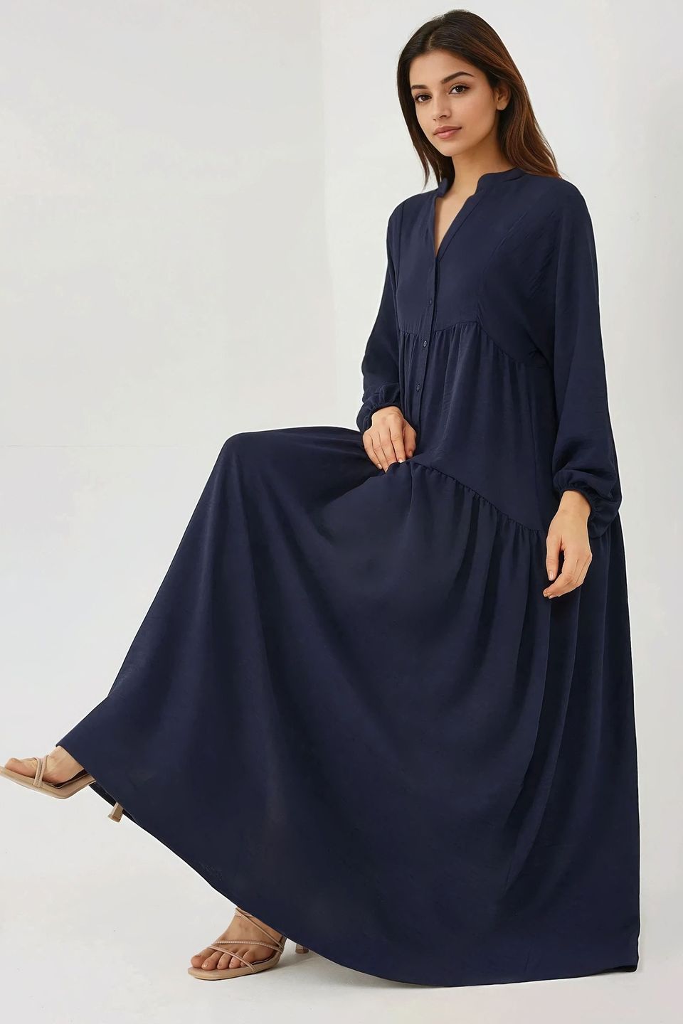 Textured V-Neck Maxi Dress with Button Detail