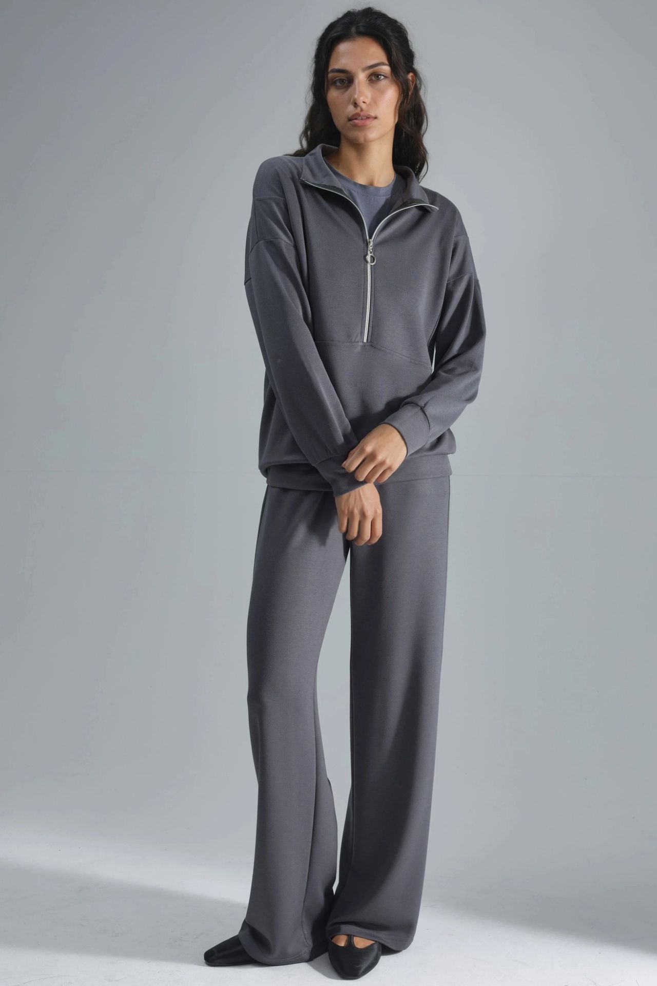 Modal Touch Two-Piece Wide Leg Set with Zipper Collar Bersan Collection