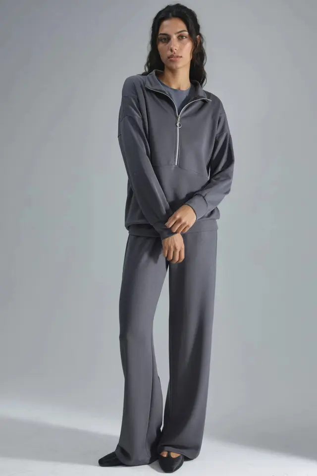 Modal Touch Two-Piece Wide Leg Set with Zipper Collar Bersan Collection