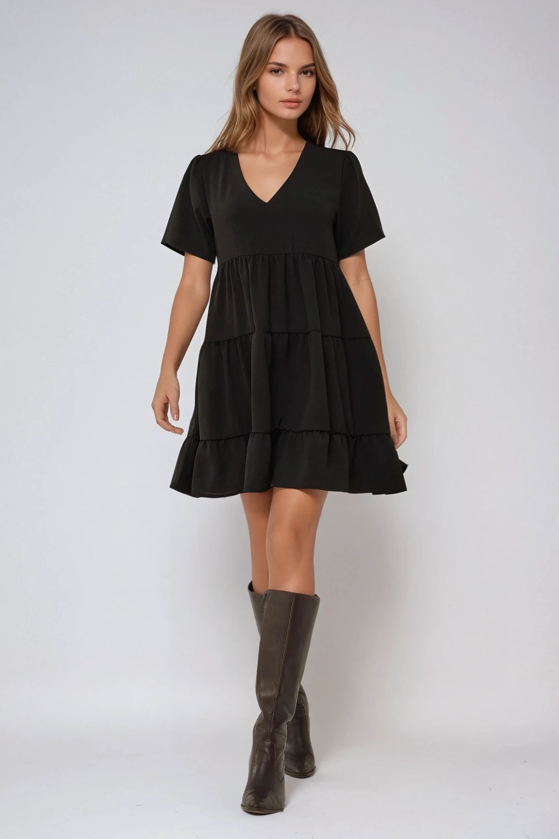 Black V-neck A-form Mini Dress Women