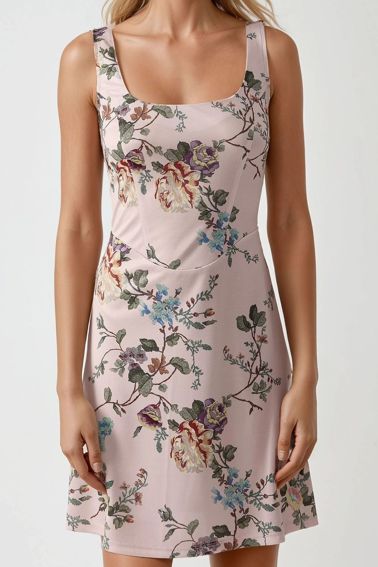 Bodycon Mini Dress with Square Collar and Floral Print