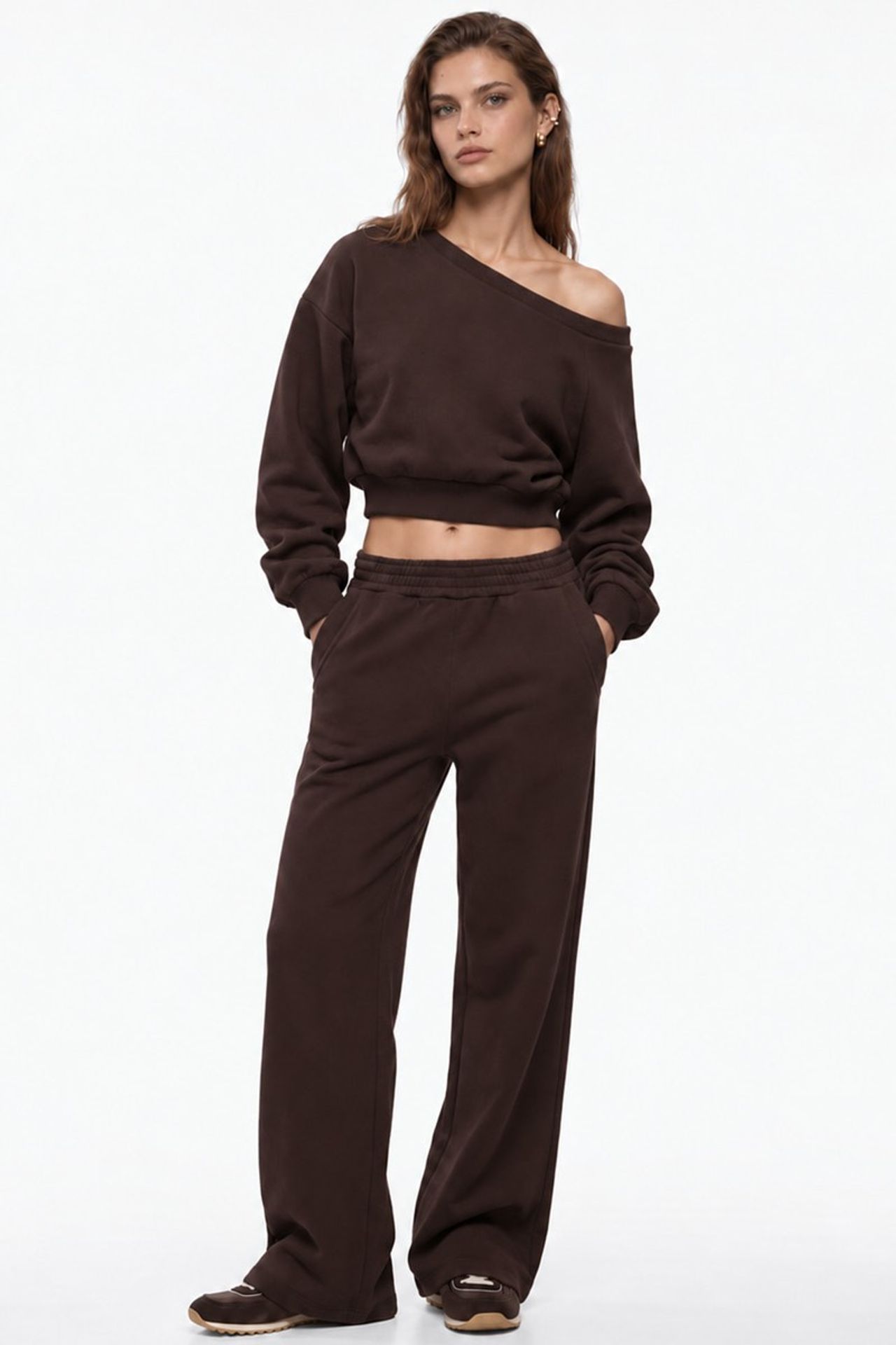 Long Sleeve Three-Thread Asymmetric Boat Neck Sweatshirt 1
