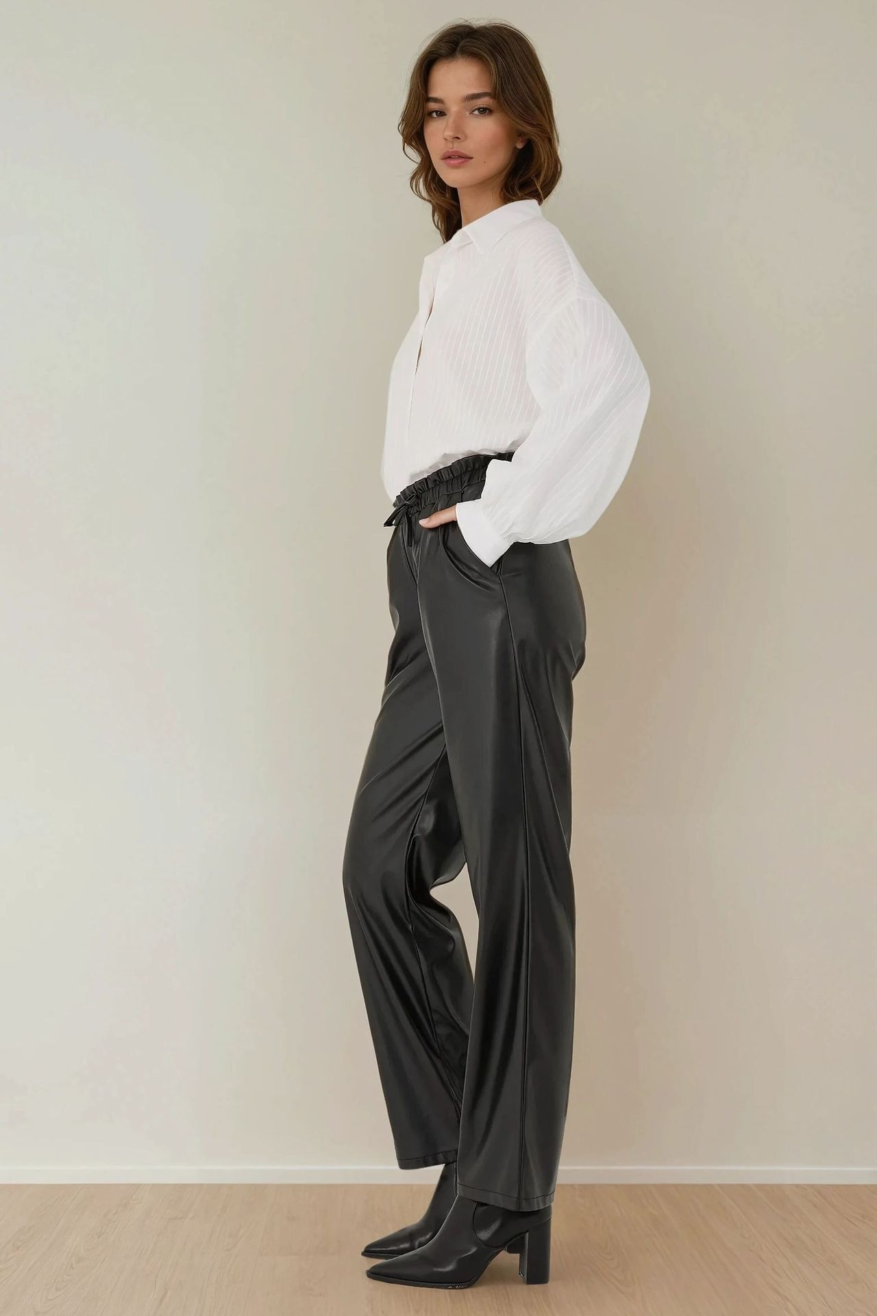 Faux Leather Elastic Waist Straight Leg Pants