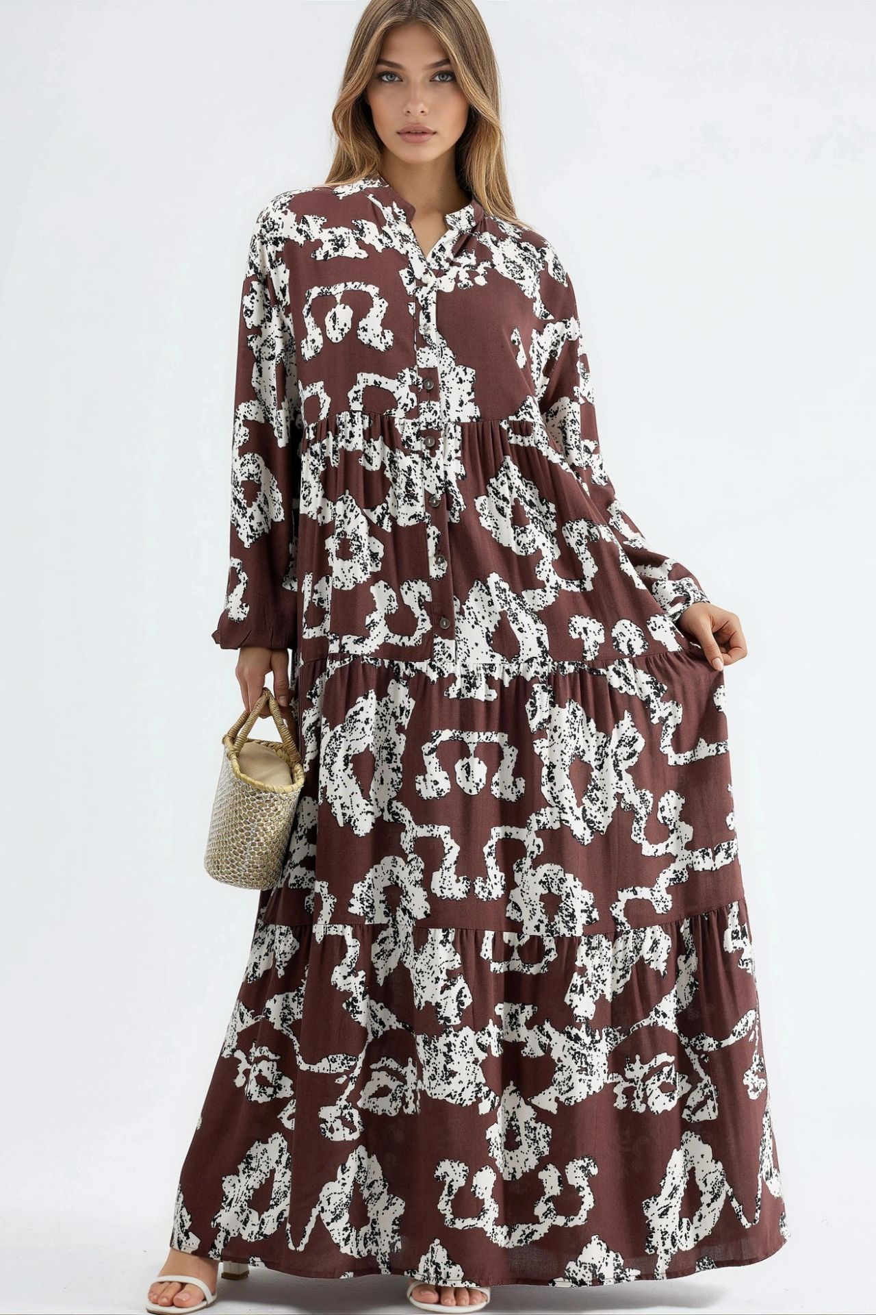 V-Neck Patterned Maxi Dress with Buttons 1