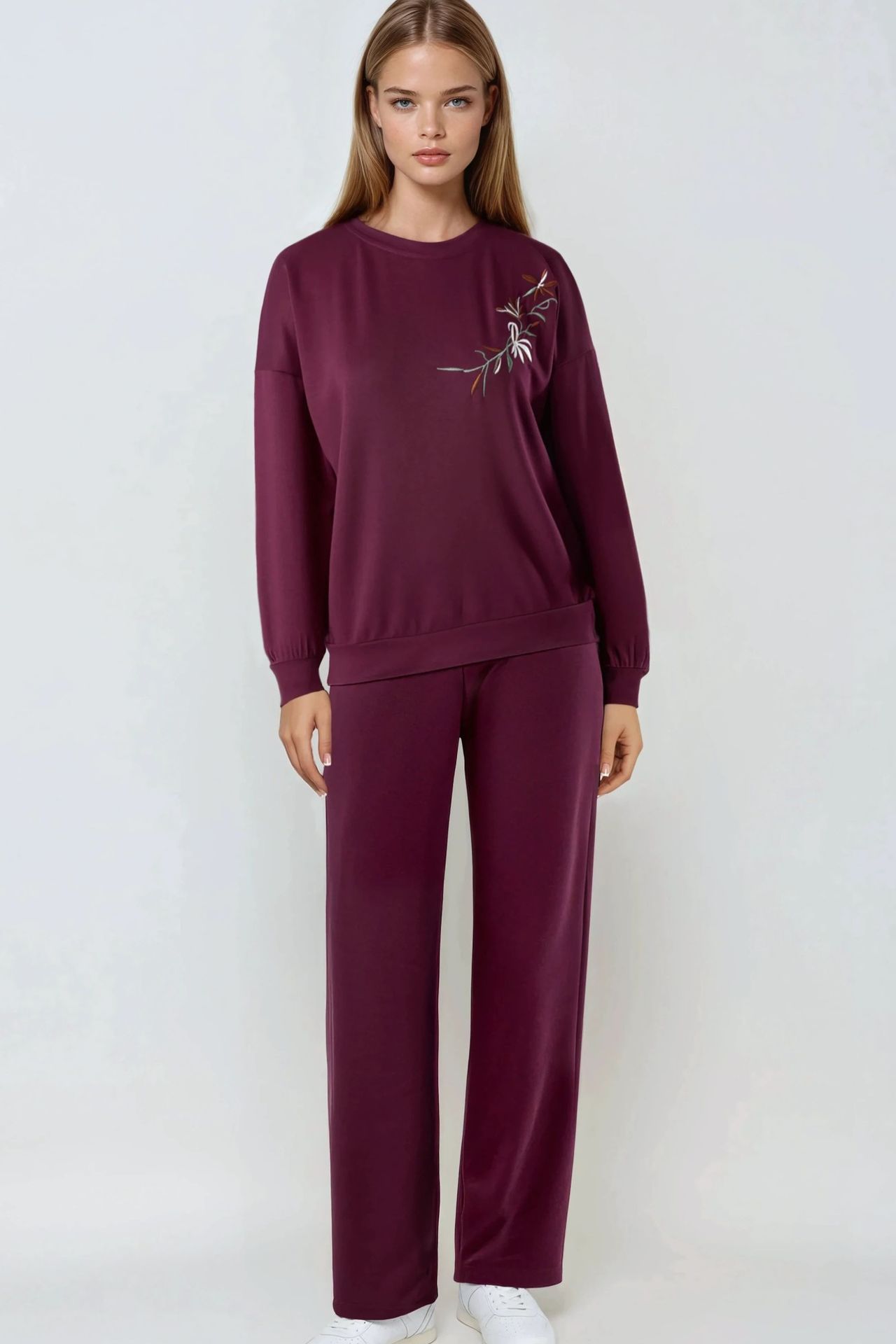 Embroidered Crew Neck Sweatshirt & Straight Leg Pants Two-Piece Set Bersan Collection 4