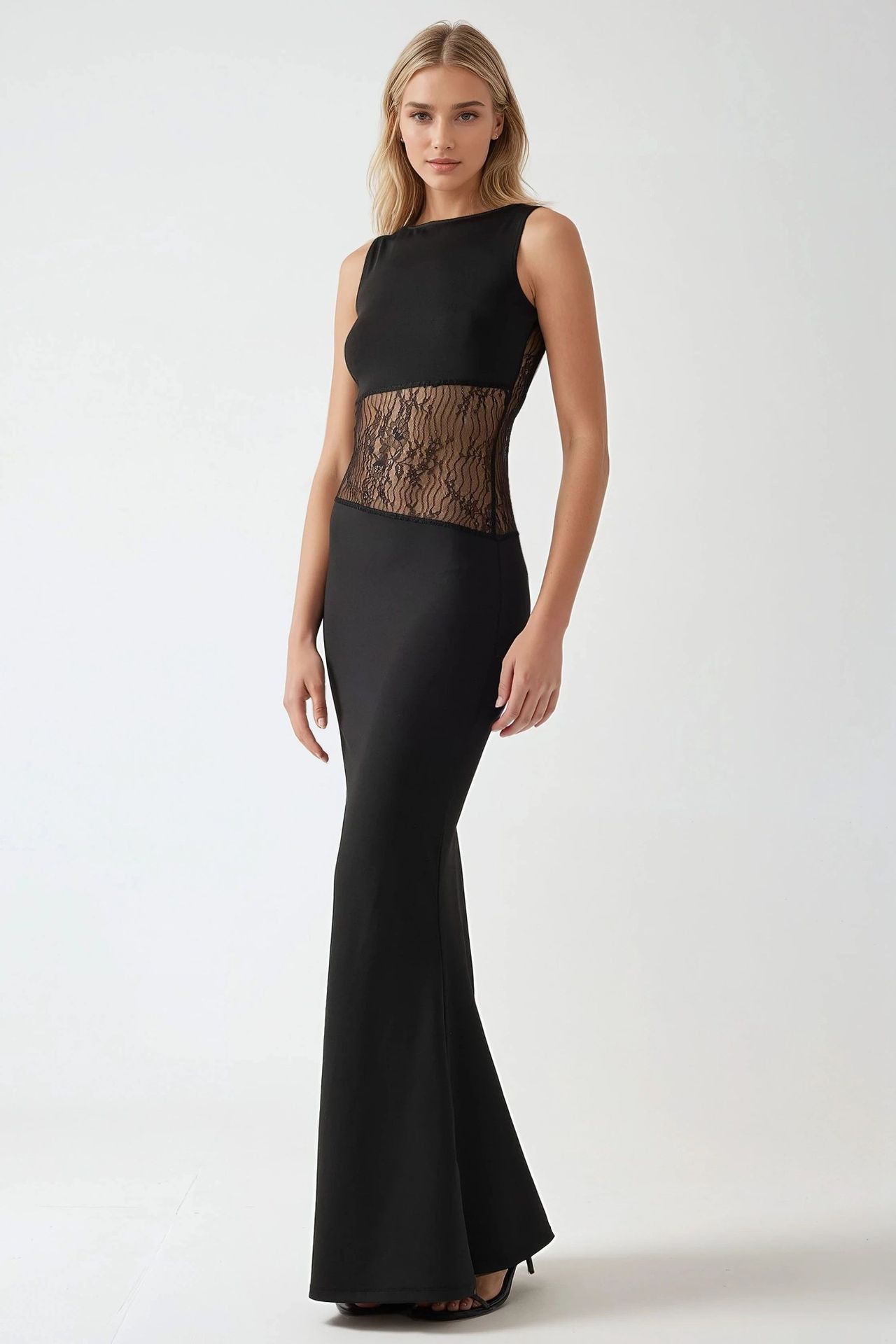 Lace Bodycon Maxi Dress with Crew Neck