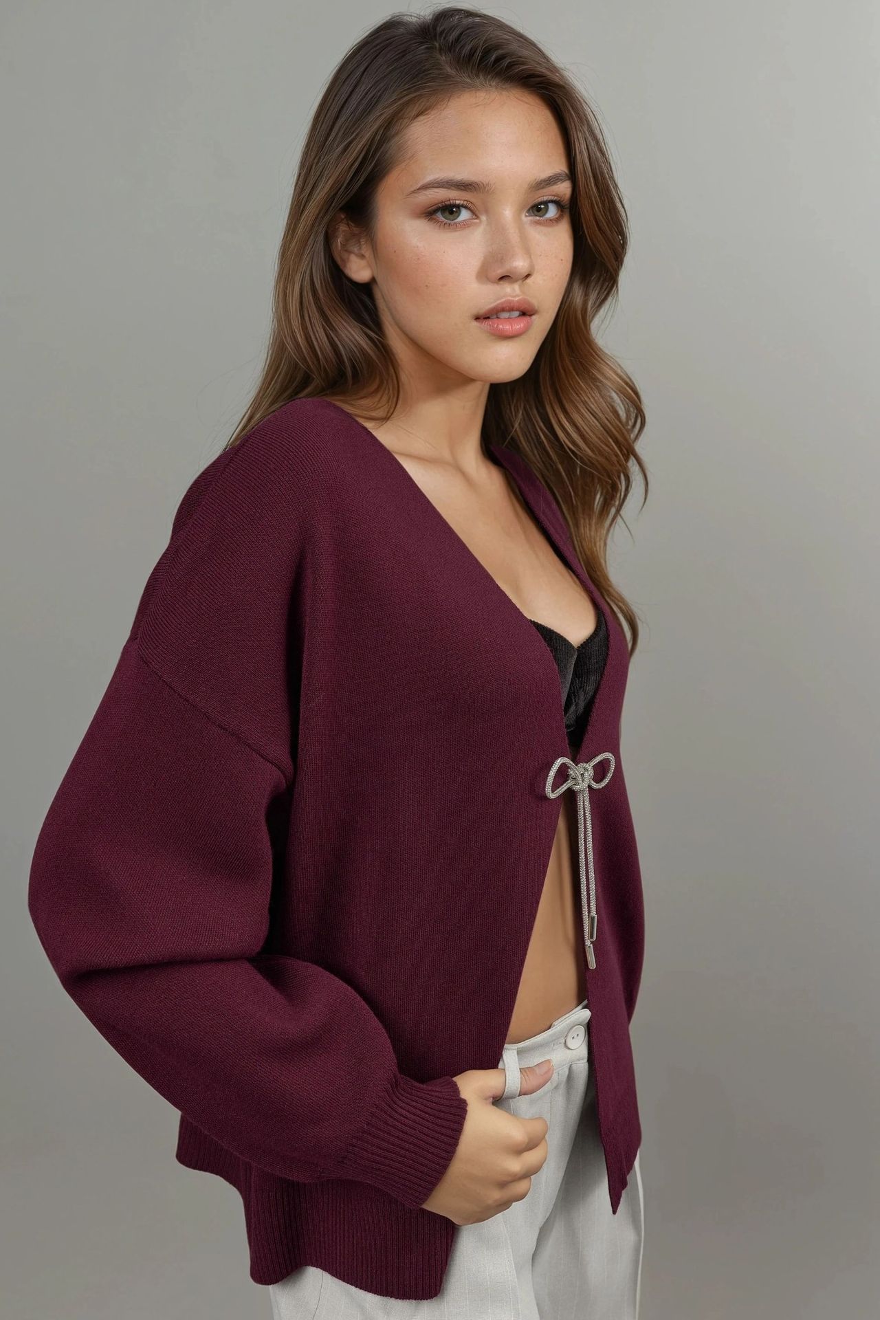 V-Neck Knitwear Cardigan with Bow Detail 4