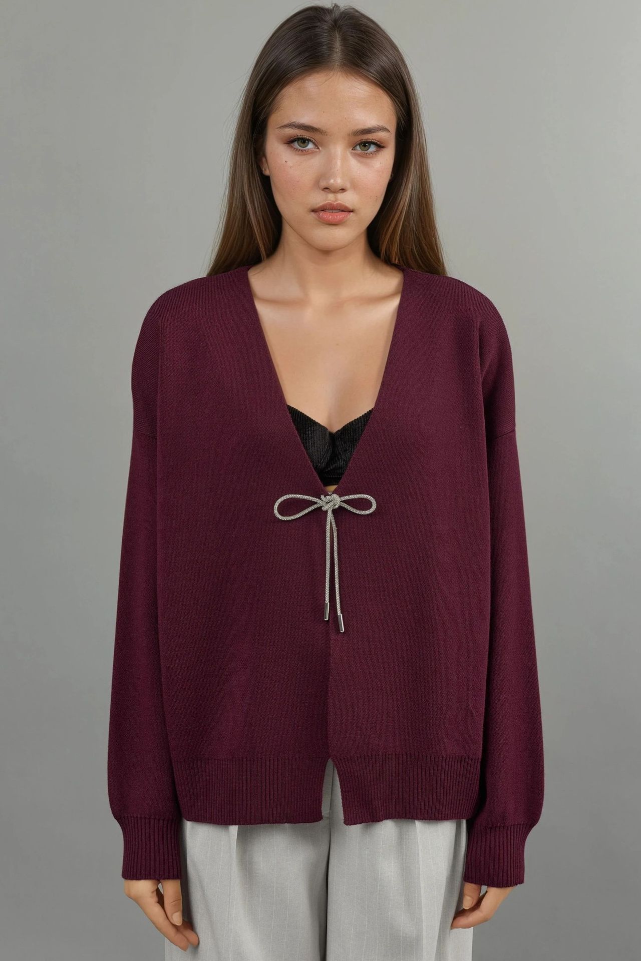 V-Neck Knitwear Cardigan with Bow Detail 7