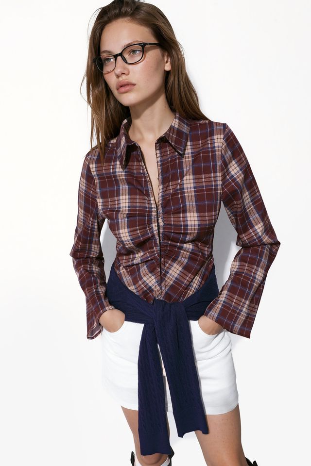 Plaid Fitted Shirt with Hook-and-Eye Detail