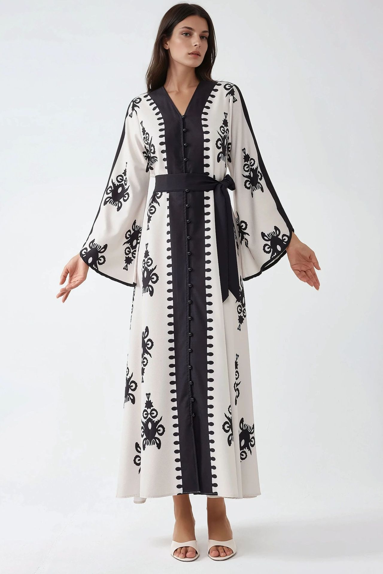 Printed Crew Neck Maxi Dress with Arched Detail