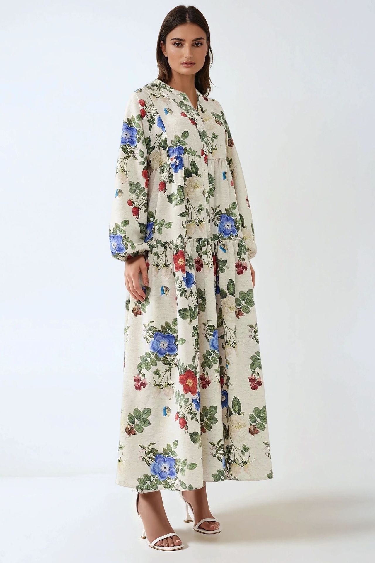 Floral Linen Feel Crew Neck Maxi Dress