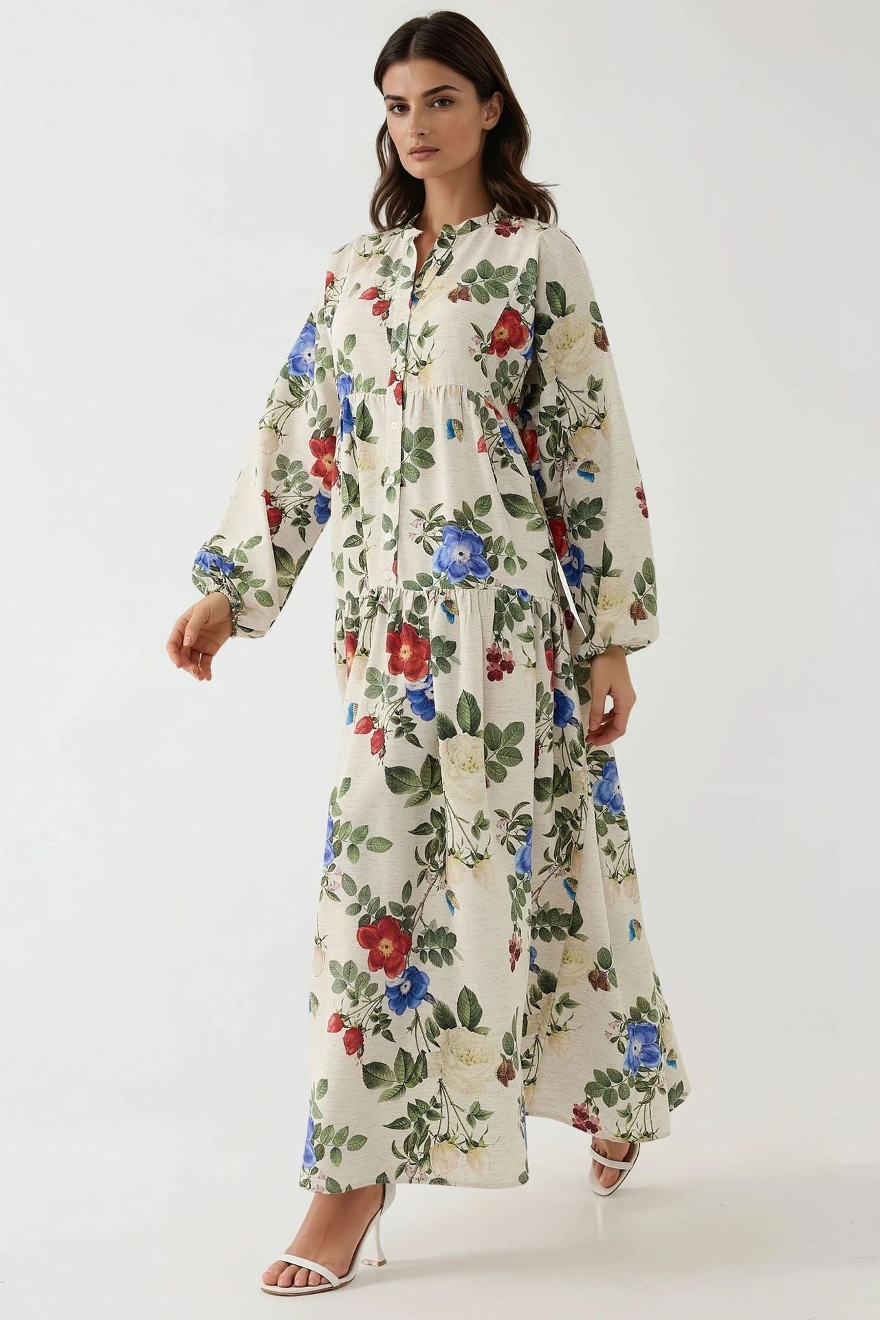 Floral Linen Feel Crew Neck Maxi Dress